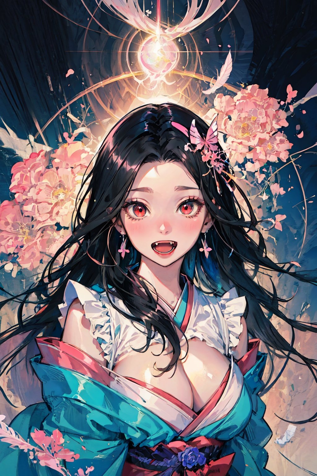 anime, hdr, soft light, ((best quality)), ((masterpiece)), (detailed), black hair, red eyes, yandere, forehead, open mouth smiling, big fangs, long hair, japanese clothes, pink kimono, multicolored hair, pink ribbon, cleavage, standing, destruction, sparks, 
best quality,masterpiece,illustration,super detailed,High detail RAW photo,professional photograph,ultra-detailed,CG,unity,8k wallpaper,extremely detailed CG,extremely detailed,extremely detailed,Amazing,finely detail,official art,High quality texture,highres,
masterpiece, dynamic angle, most beautiful artwork in the world, illustration, cinematic light
 1 girl, long dress, extremely detailed, fractal art, colorful,flowers, highest detailed, zentangle, (dynamic pose), (abstract background), (shiny skin), (many colors),earrings,feathers,butterfly,nezuko,REM ,no_humans