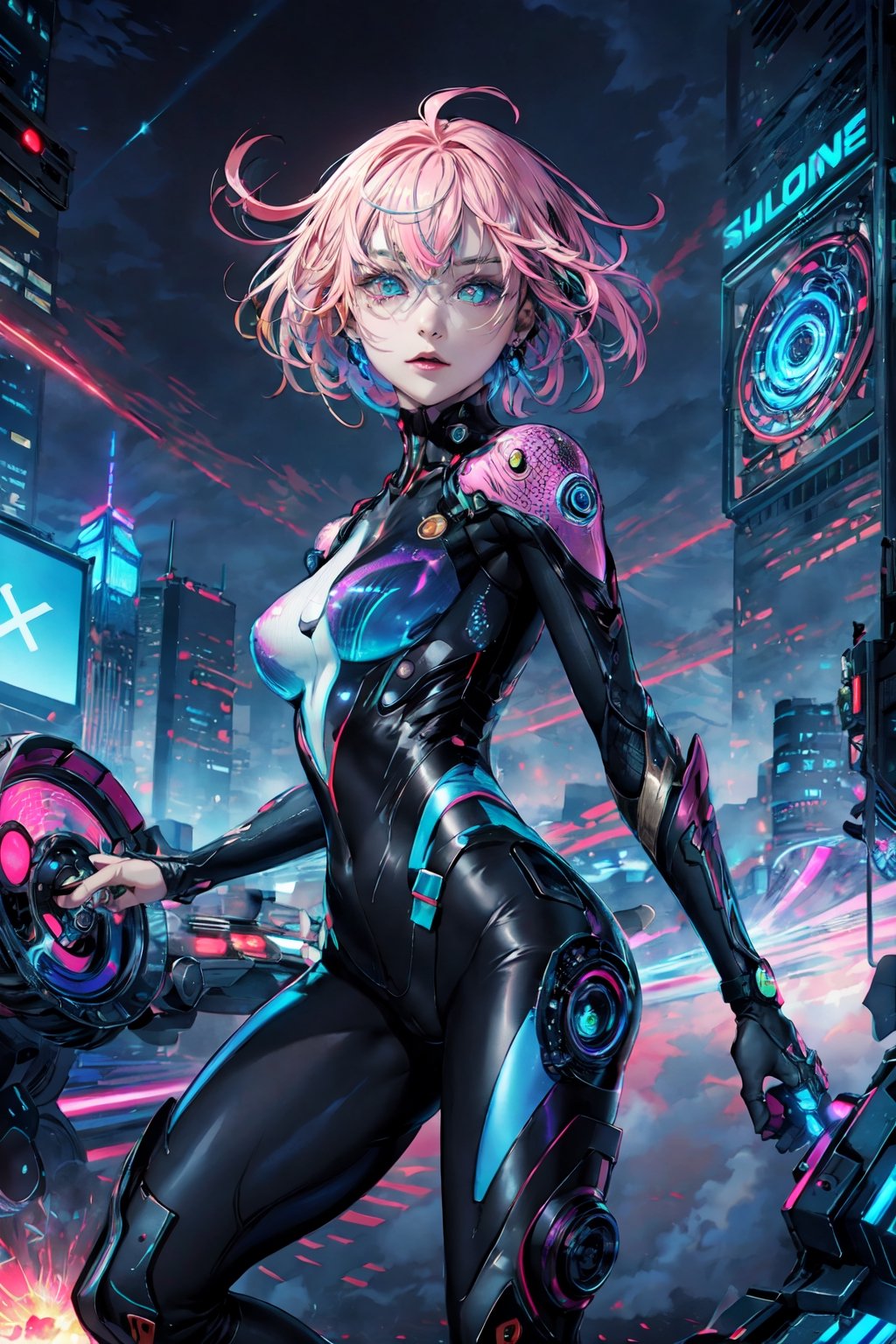 masterpiece, best quality,ultra-detailed, colorful, watercolor, Design a dynamic anime character with a striking feature: a vibrant, multi-colored, swirling vortex that obscures her eyes. She wears a futuristic, sci-fi-inspired bodysuit adorned with holographic patterns and metallic accents. The character is set in a bustling futuristic cityscape with towering skyscrapers, flying vehicles, and neon lights. She stands confidently amidst the urban chaos, radiating a sense of power and enigma. 