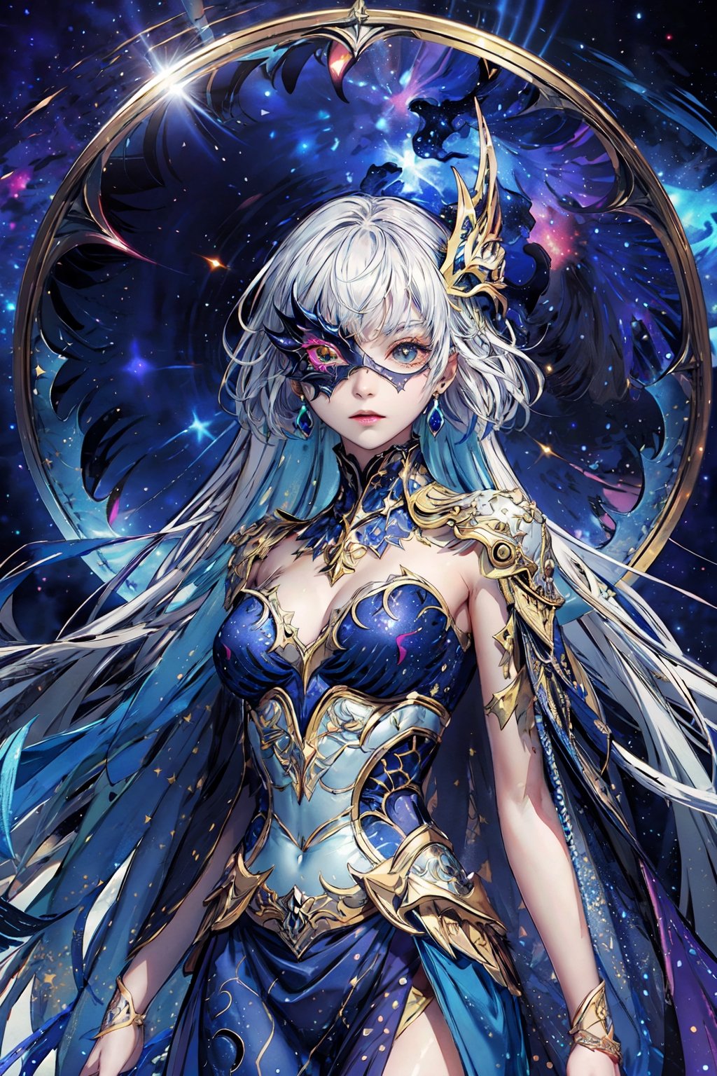 masterpiece, best quality,ultra-detailed, colorful, watercolor, Design an enigmatic anime character whose eyes are concealed by a pair of intricate, silver masquerade masks. The character should be dressed in a flowing, midnight-blue gown with shimmering stars and galaxies embroidered onto the fabric. She stands on the edge of a celestial balcony, overlooking a cosmic nebula-filled sky, her posture radiating a sense of ethereal mystery.  emphasizing the interplay of light and shadow.