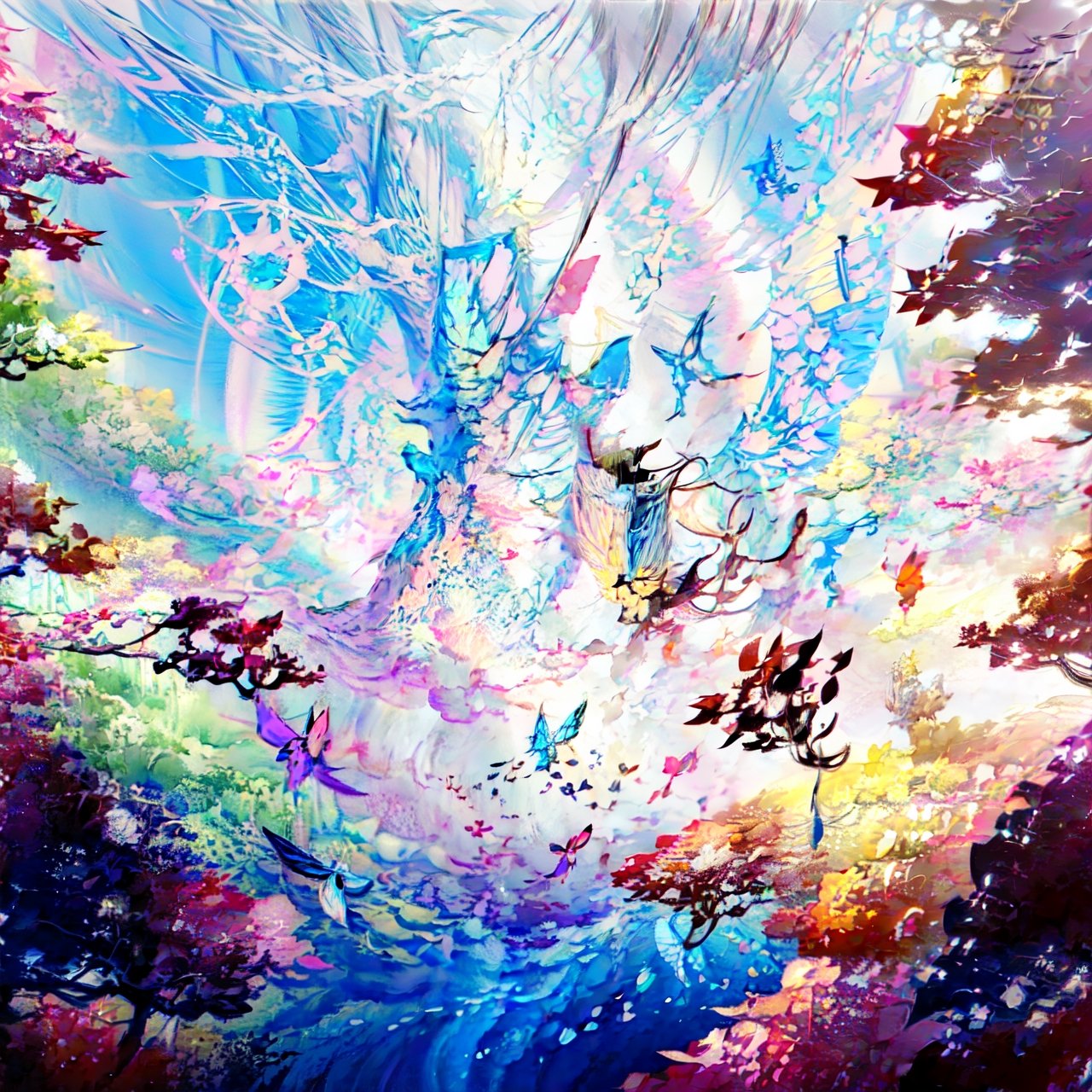 masterpiece, best quality,ultra-detailed, colorful, watercolor, spirit tree, one huge tree, butterflies fly around, small river ,fate/stay background,yushui