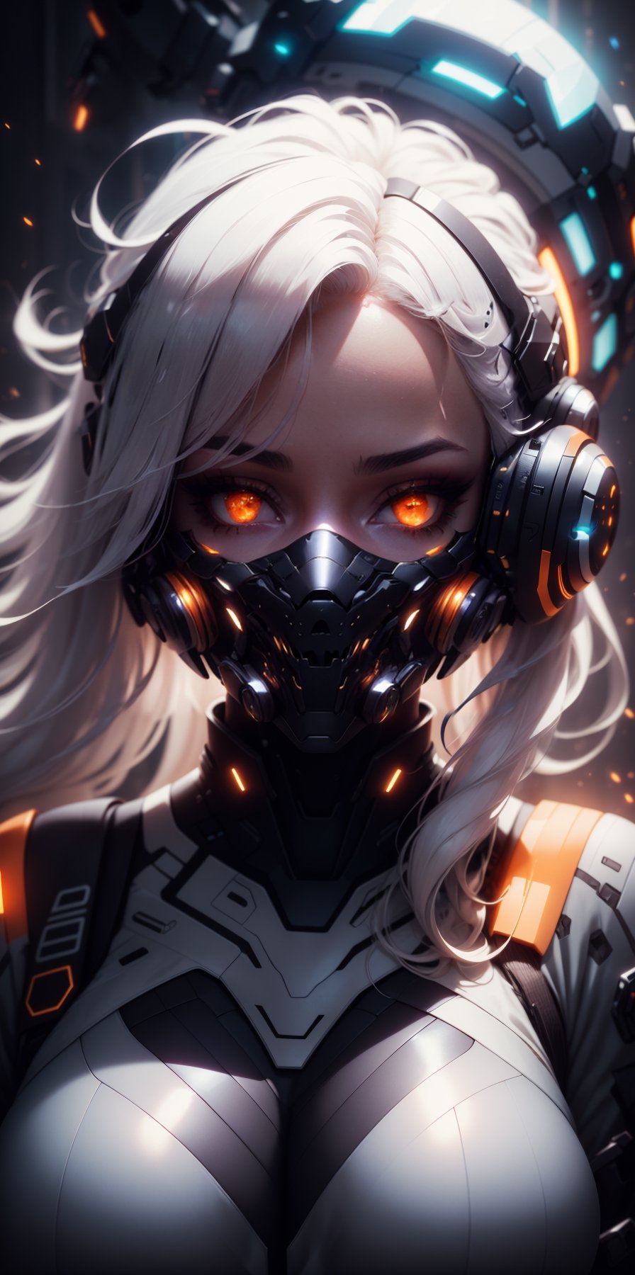 1girl, solo, breasts, looking at viewer, upper body, white hair, orange eyes, bodysuit, makeup, mask, glowing, helmet, portrait, glowing eyes, eyeshadow, science fiction