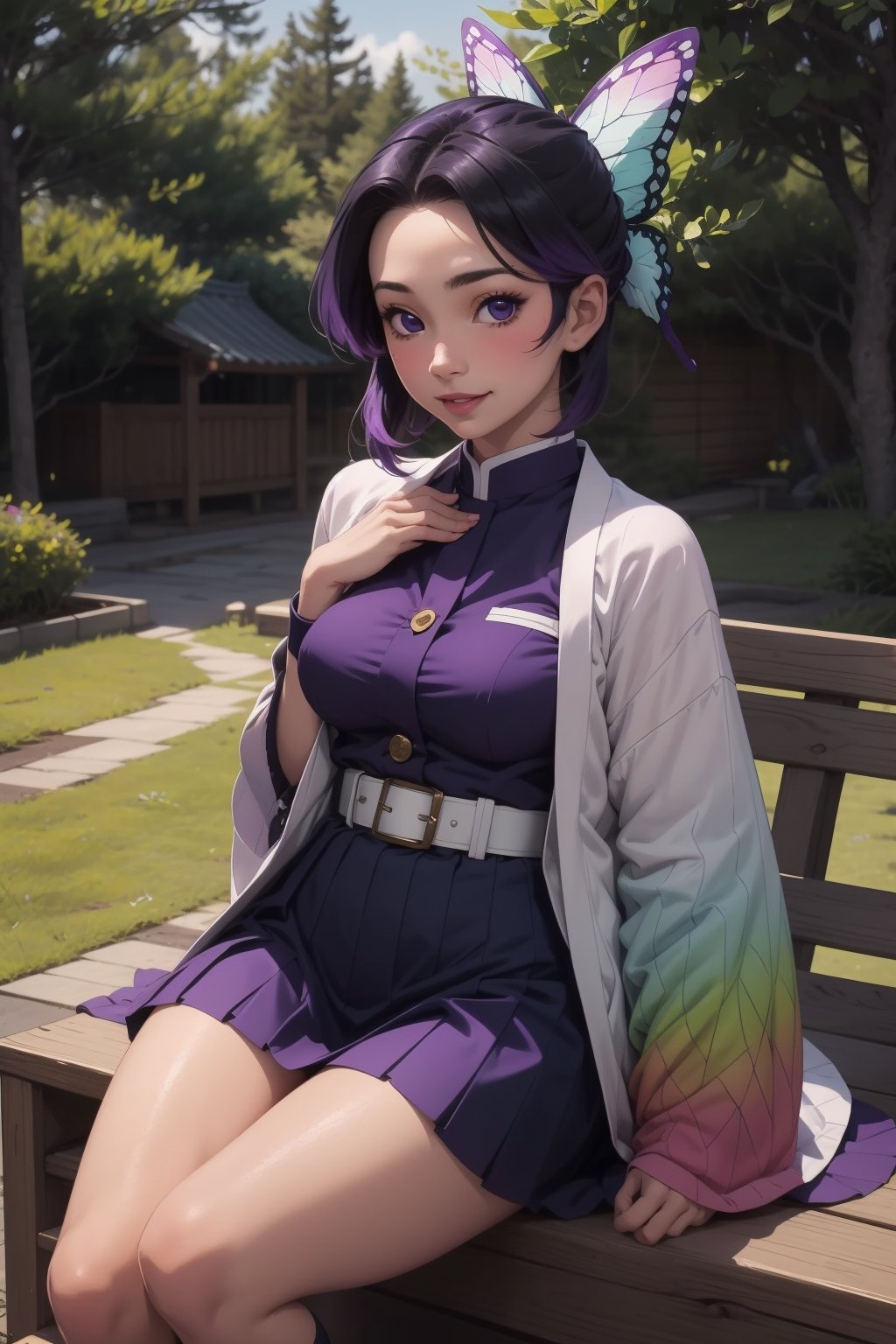 1girl, solo, breasts, looking at viewer, blush, smile, short hair, bangs, skirt, large breasts, black hair, hair ornament, long sleeves, medium breasts, sitting, purple eyes, jacket, purple hair, sidelocks, multicolored hair, pleated skirt, outdoors, parted lips, japanese clothes, day, belt, miniskirt, wide sleeves, two-tone hair, tree, lips, parted bangs, gradient hair, purple skirt, butterfly hair ornament, bench, haori, white belt, demon slayer uniform, kochou shinobu