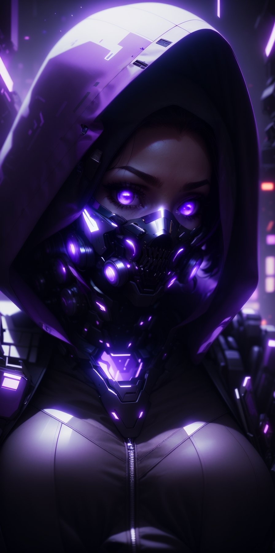 1girl, solo, looking at viewer, purple eyes, upper body, hood, mask, glowing, portrait, glowing eyes, science fiction, cyborg, cyberpunk,MasnoMix