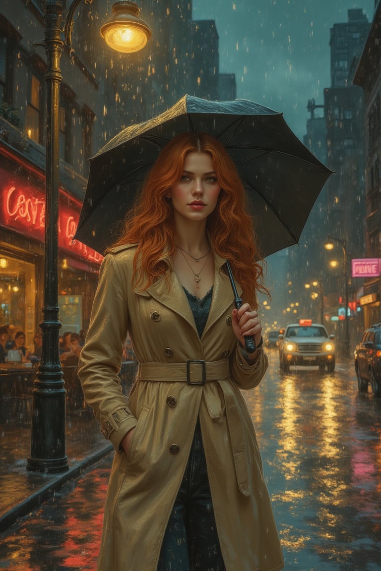 On a rainy evening in the city, a woman with wavy auburn hair and warm amber eyes stands under the soft glow of a streetlamp. She wears a long beige trench coat and holds a black umbrella as the rain gently falls around her. The city streets glisten with reflections of neon lights, creating a colorful contrast against the wet pavement. Cars pass by, splashing water onto the sidewalks, while the distant sound of jazz music escapes from a nearby café. Mid art.