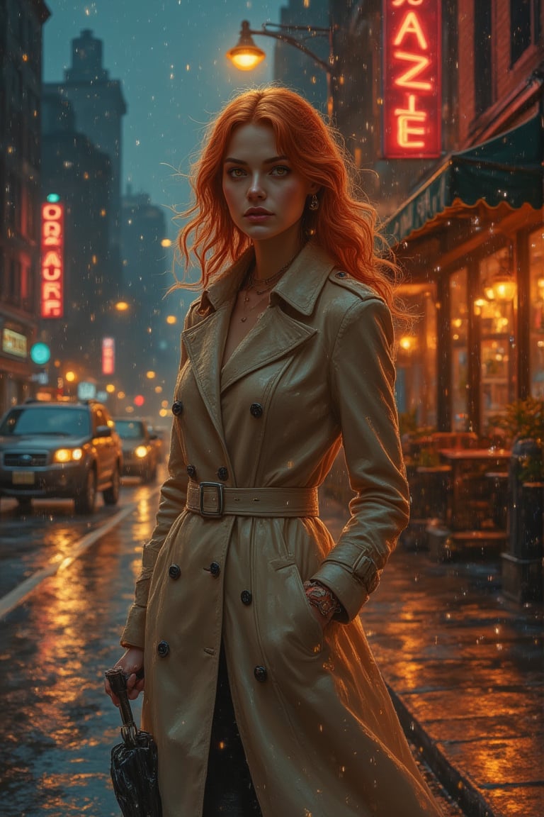 On a rainy evening in the city, a woman with wavy auburn hair and warm amber eyes stands under the soft glow of a streetlamp. She wears a long beige trench coat and holds a black umbrella as the rain gently falls around her. The city streets glisten with reflections of neon lights, creating a colorful contrast against the wet pavement. Cars pass by, splashing water onto the sidewalks, while the distant sound of jazz music escapes from a nearby café. Mid art.