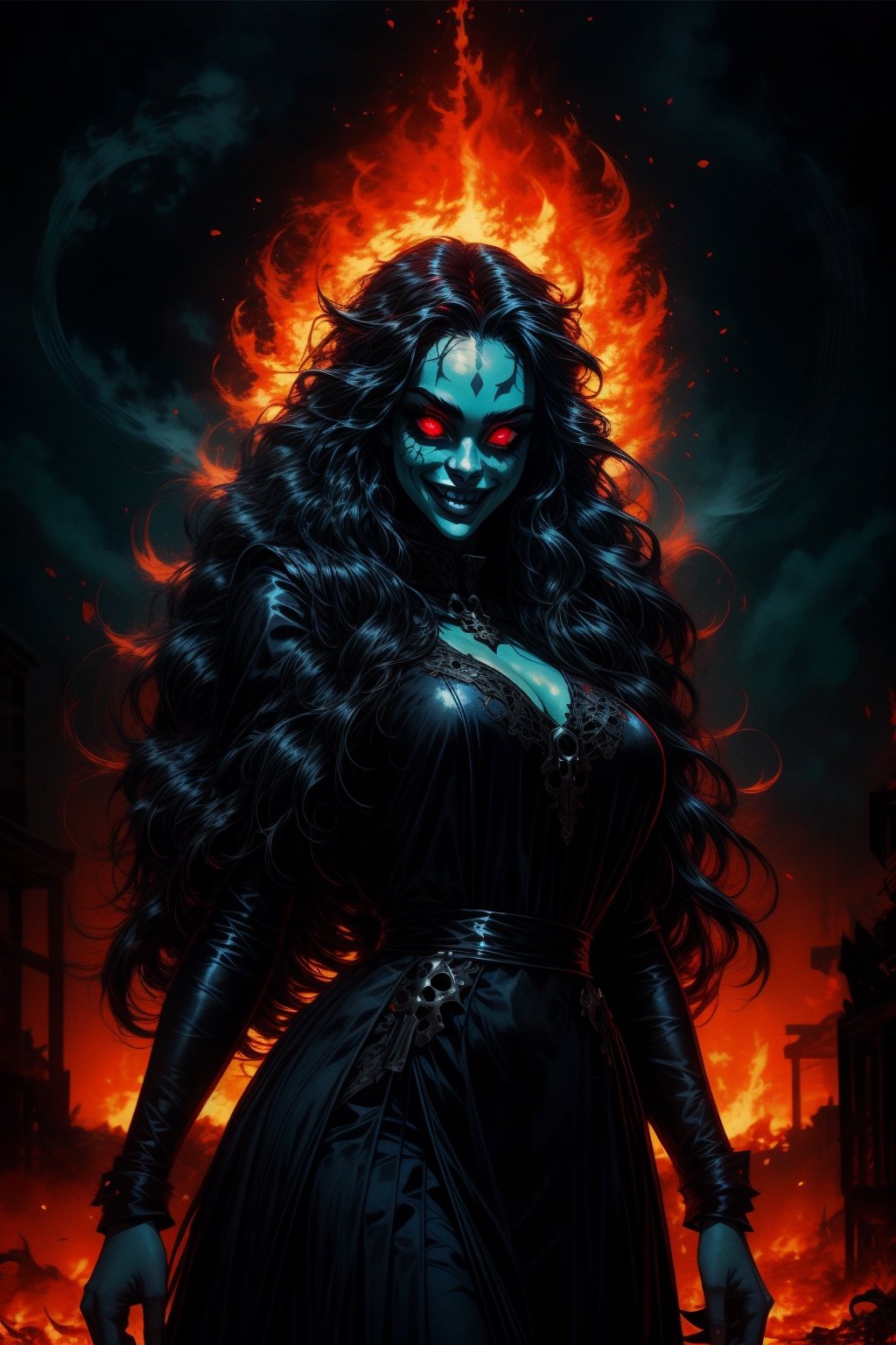 1girl, long hair, breasts, smile, large breasts, black hair, red eyes, 1boy, dress, black dress, torn clothes, glowing, colored skin, fire, glowing eyes, claws, colored sclera, skull, giant,nodf_lora