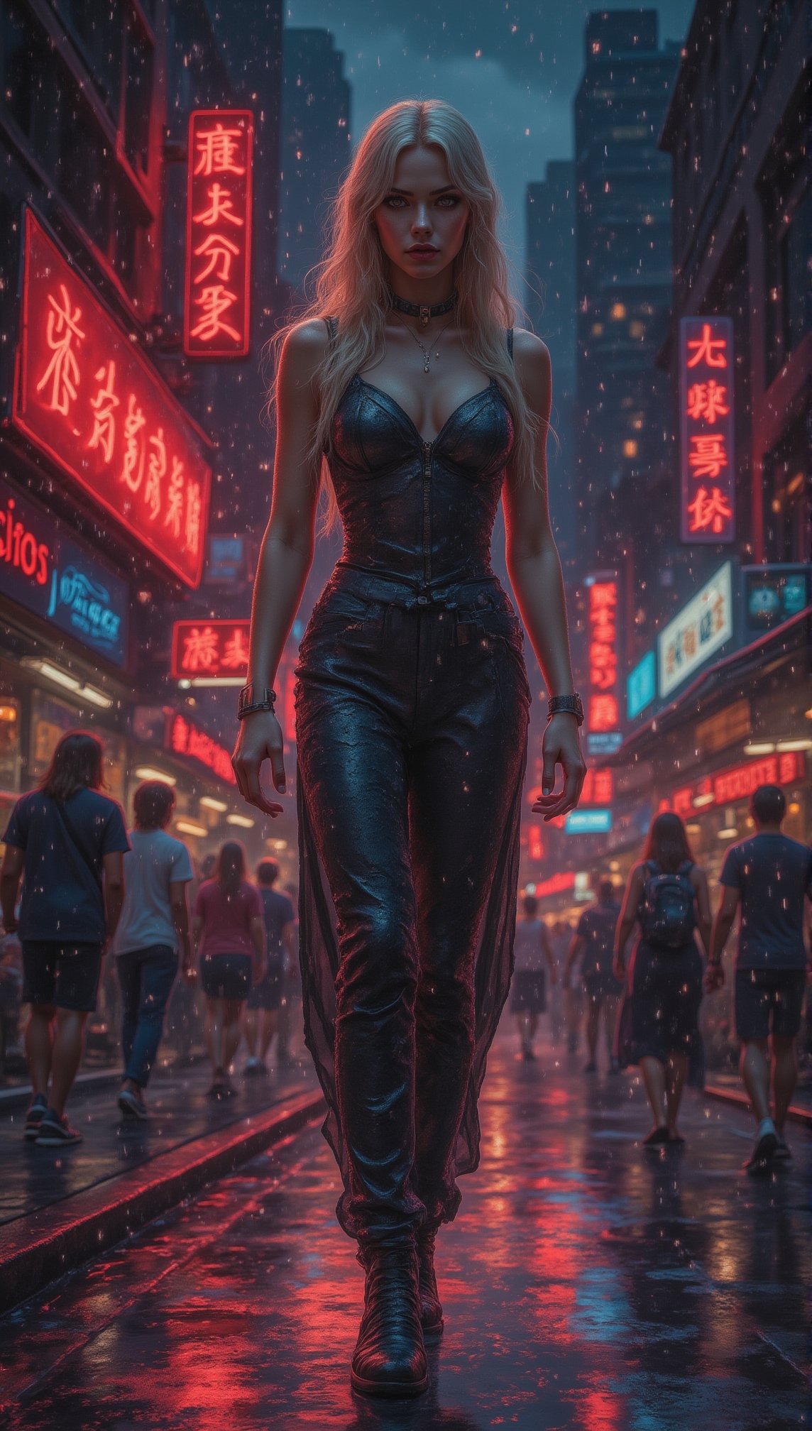 an elegant and stunning young woman with a serene expression, is walking through a bustling city street at night. The vibrant neon signs reflect off her stylish outfit. The city's tall buildings tower above her, and the blurred motion of people passing by adds energy to the scene. Raindrops gently fall, creating a soft, reflective glow on the pavement.