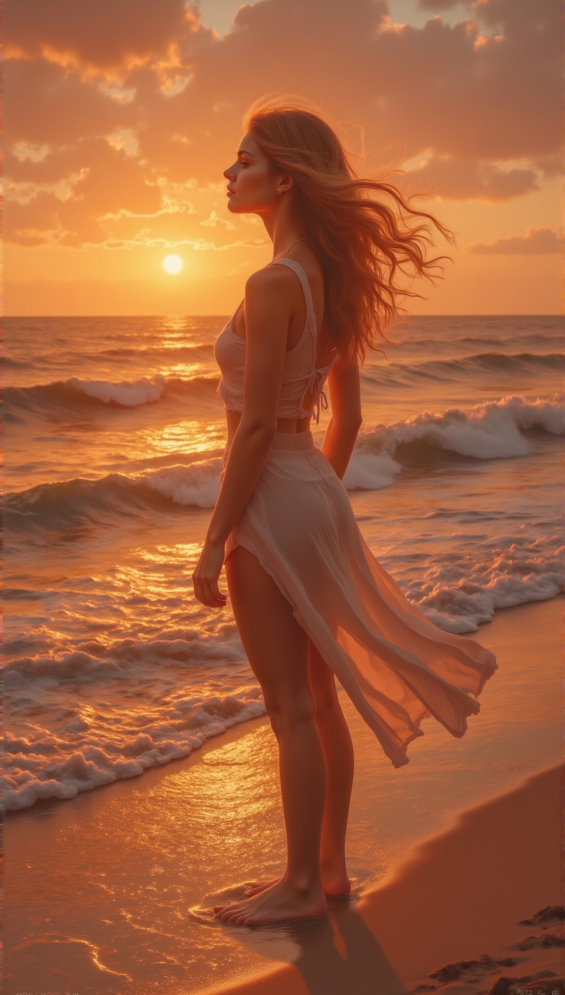 A girl stands barefoot on the shoreline as the sun sets, casting warm hues of orange and pink across the sky. The waves gently lap at her feet as she stares out into the horizon. Her hair blows softly in the breeze, creating a peaceful yet cinematic moment against the vast ocean."
