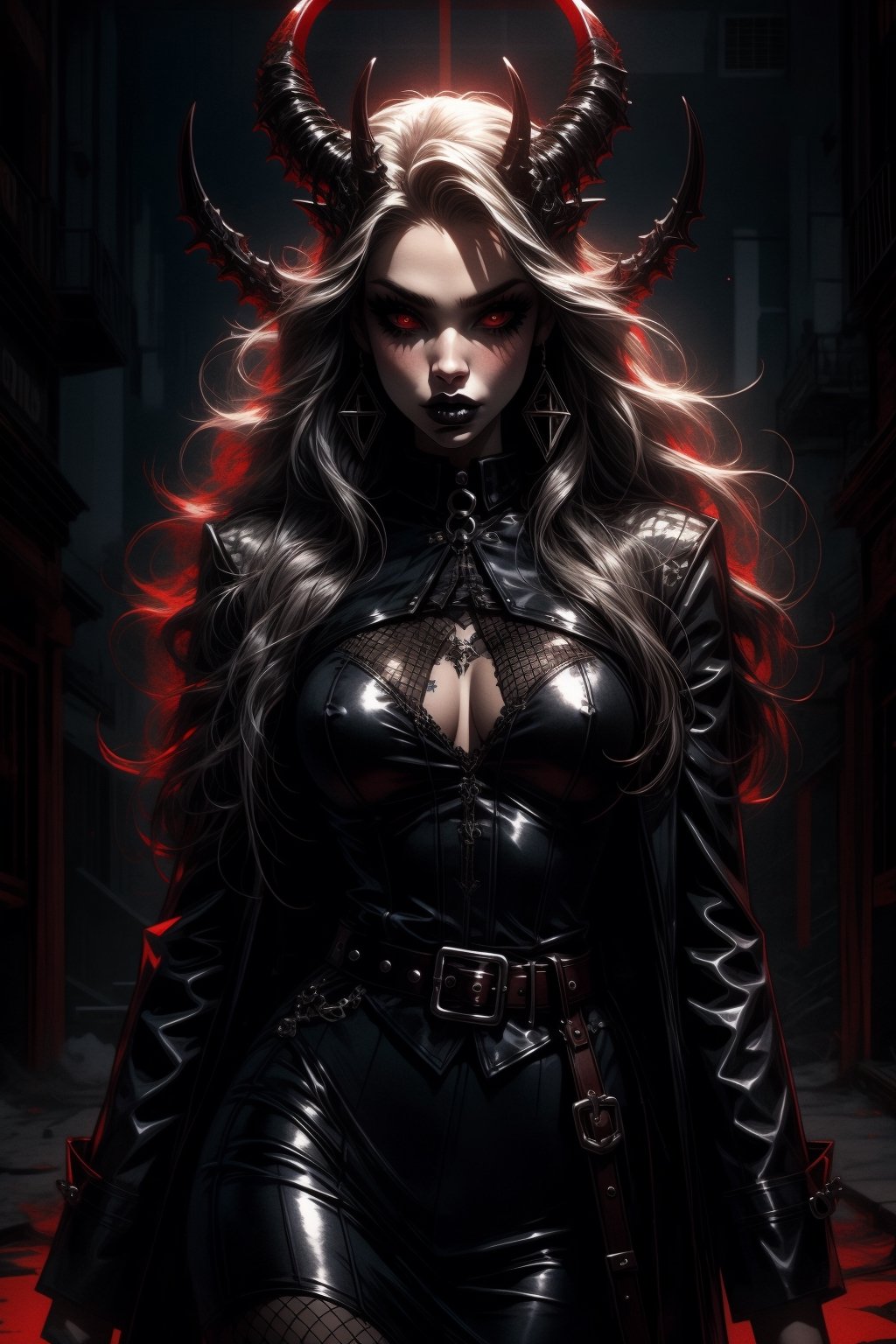 1girl, solo, long hair, breasts, looking at viewer, red eyes, jewelry, medium breasts, jacket, white hair, earrings, open clothes, horns, midriff, belt, coat, tattoo, makeup, piercing, lipstick, demon horns, ear piercing, fishnets, eyeshadow, gothic, black lips, fishnet top,nodf_lora