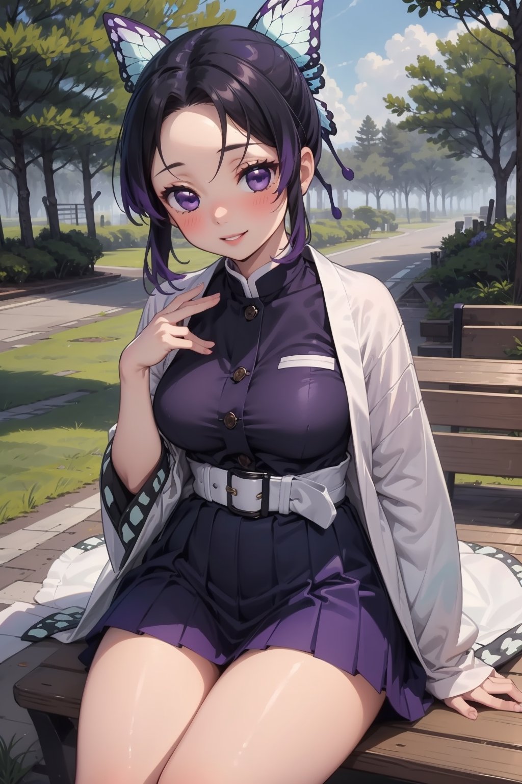 1girl, solo, breasts, looking at viewer, blush, smile, short hair, bangs, skirt, large breasts, black hair, hair ornament, long sleeves, medium breasts, sitting, purple eyes, jacket, purple hair, sidelocks, multicolored hair, pleated skirt, outdoors, parted lips, japanese clothes, day, belt, miniskirt, wide sleeves, two-tone hair, tree, lips, parted bangs, gradient hair, purple skirt, butterfly hair ornament, bench, haori, white belt, demon slayer uniform, kochou shinobu