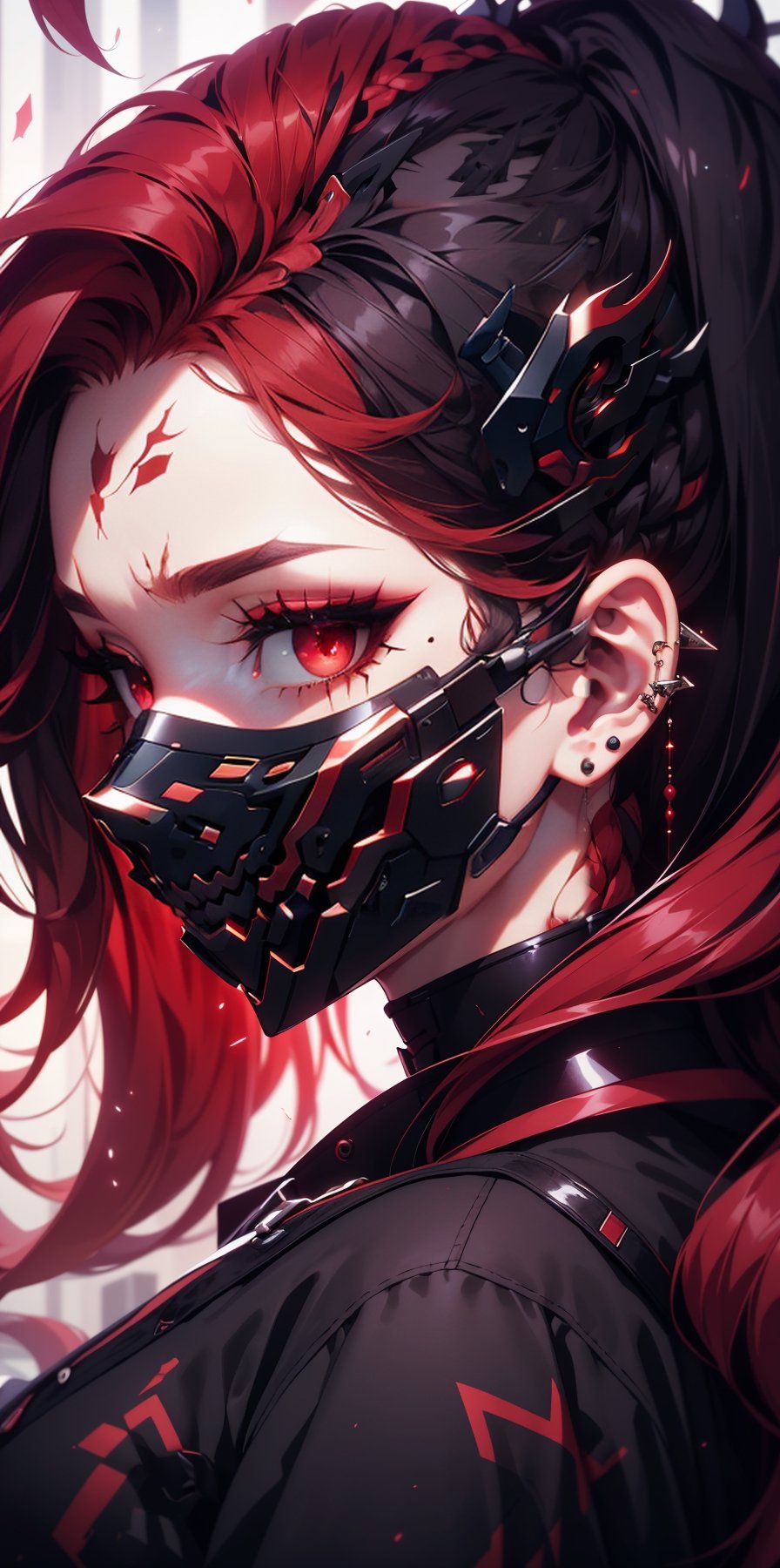 1girl, solo, looking at viewer, black hair, red eyes, upper body, braid, red hair, multicolored hair, mole, from side, two-tone hair, mole under eye, makeup, mask, scar, piercing, ear piercing, portrait, eyeshadow, hair behind ear