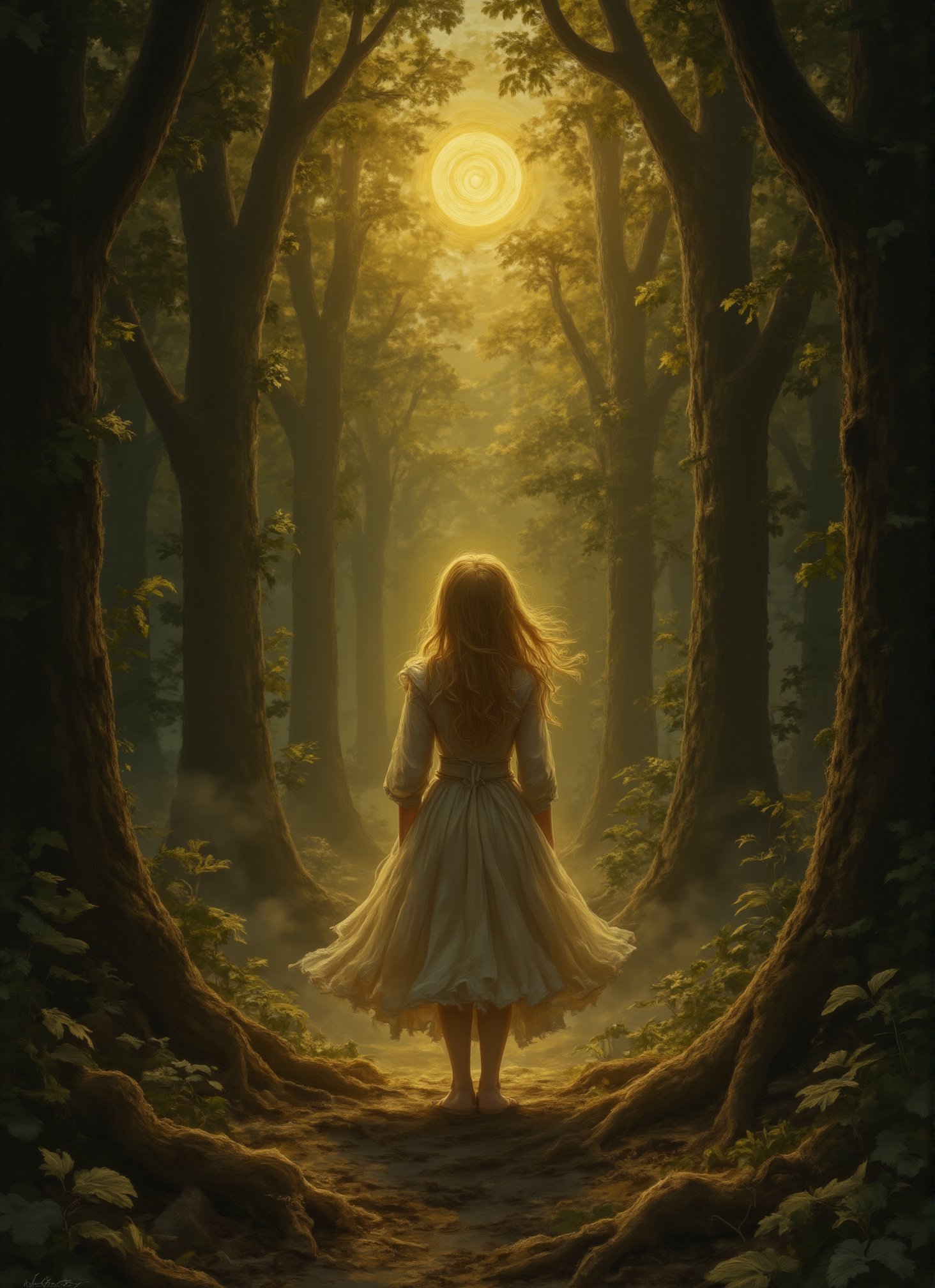 A young girl stands at the edge of a misty forest, bathed in the golden light of the setting sun. Her long, flowing dress catches the breeze as she gazes into the dense, shadowy woods. The soft light creates a stark contrast between her serene, glowing figure and the dark, mysterious trees behind her. The scene feels both peaceful and ominous, as if she’s on the brink of discovering something hidden within the forest’s depths."