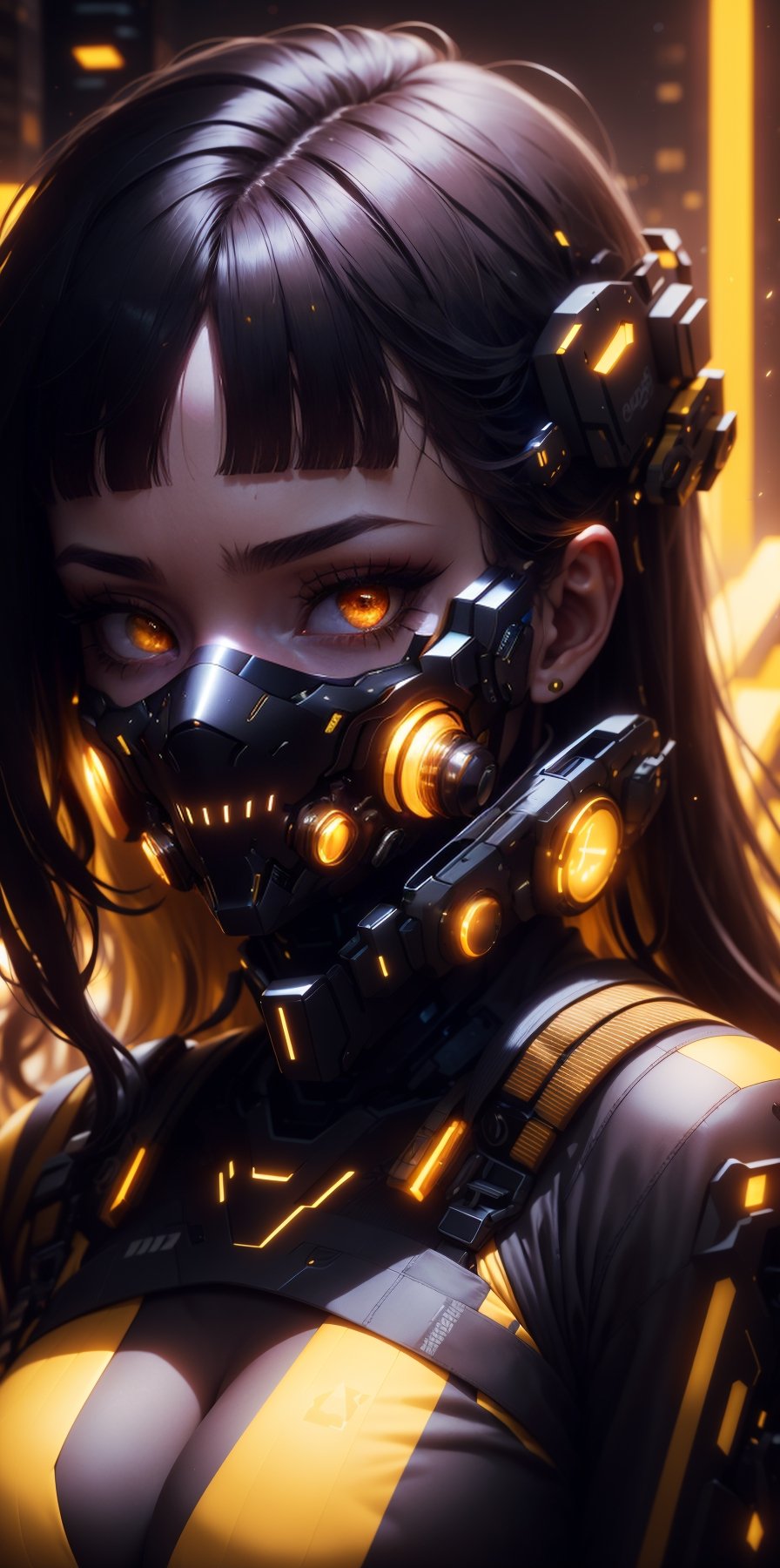 1girl, solo, long hair, looking at viewer, bangs, black hair, hair ornament, yellow eyes, upper body, hairclip, shiny, orange eyes, parted bangs, eyelashes, mask, headgear, portrait, science fiction, yellow theme, cyberpunk