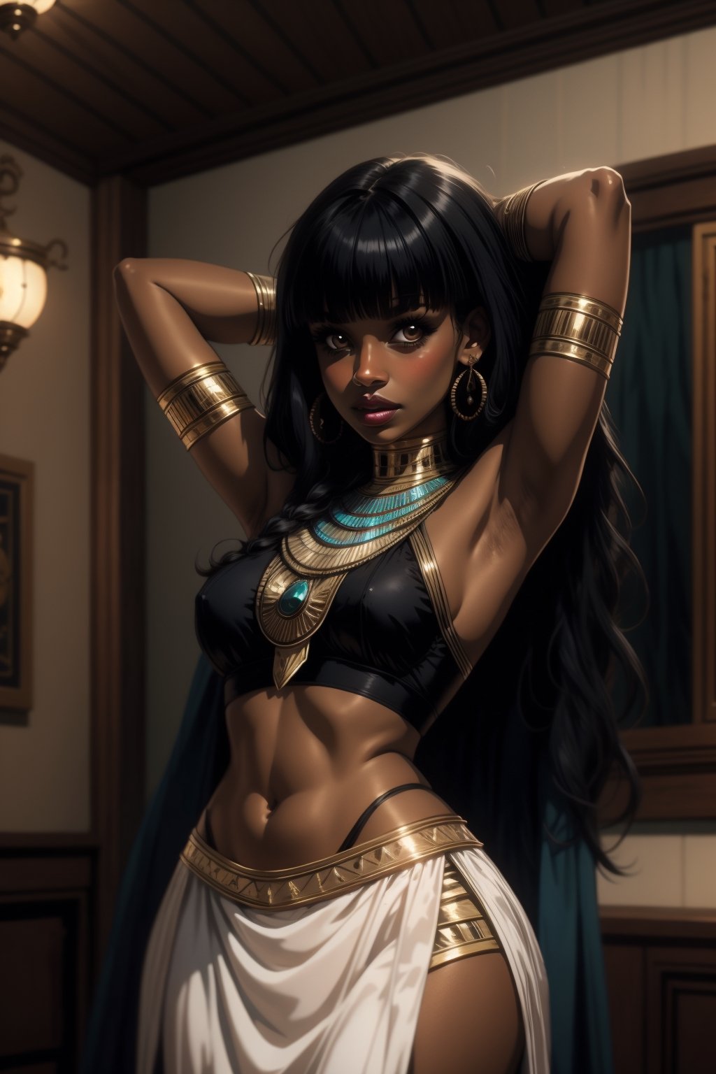 1girl, solo, long hair, breasts, looking at viewer, bangs, black hair, navel, jewelry, medium breasts, indoors, dark skin, blunt bangs, armpits, stomach, arm up, dark-skinned female, lips, pelvic curtain, armlet, arm behind head, hand in own hair, egyptian, egyptian clothes