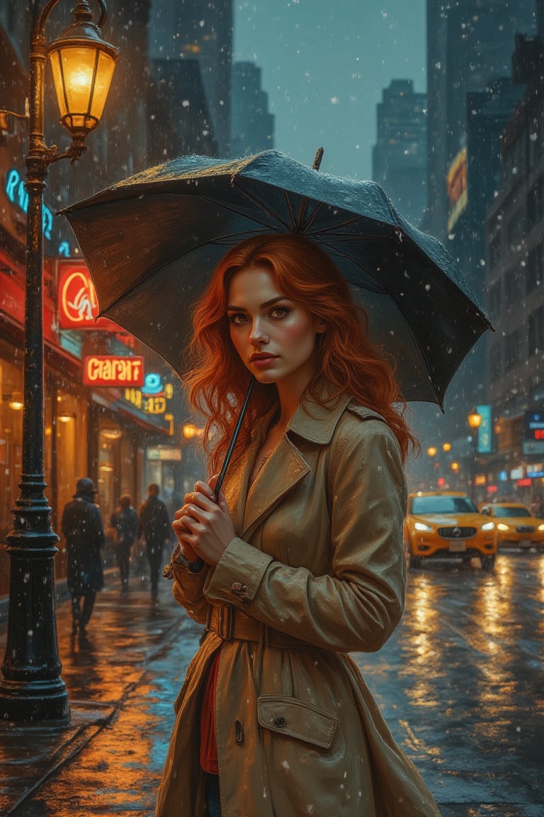 On a rainy evening in the city, a woman with wavy auburn hair and warm amber eyes stands under the soft glow of a streetlamp. She wears a long beige trench coat and holds a black umbrella as the rain gently falls around her. The city streets glisten with reflections of neon lights, creating a colorful contrast against the wet pavement. Cars pass by, splashing water onto the sidewalks, while the distant sound of jazz music escapes from a nearby café. Mid art.