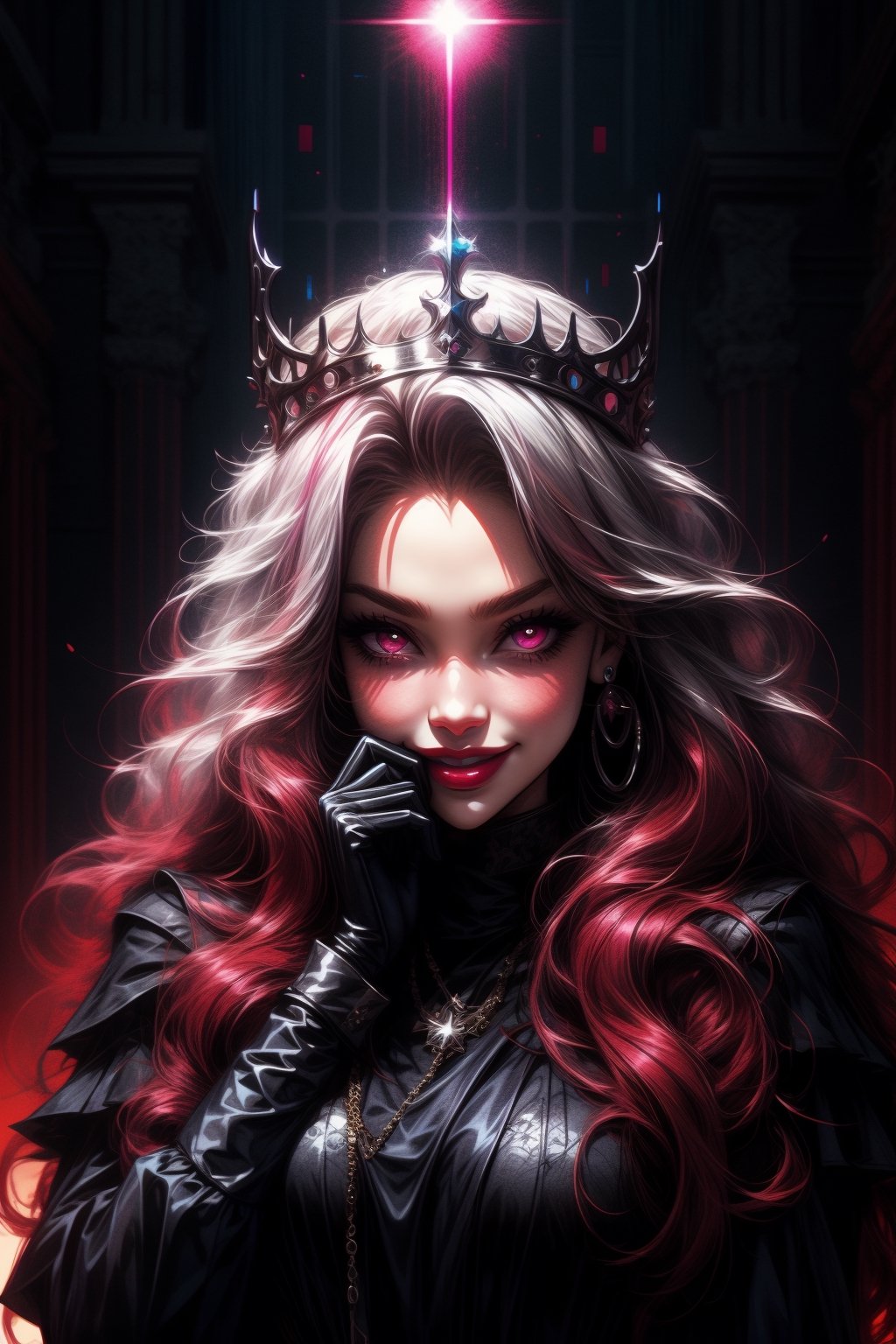 1girl, solo, long hair, breasts, looking at viewer, smile, red eyes, gloves, dress, jewelry, closed mouth, upper body, white hair, earrings, black gloves, virtual youtuber, pink eyes, black dress, bracelet, glowing, crown,nodf_lora