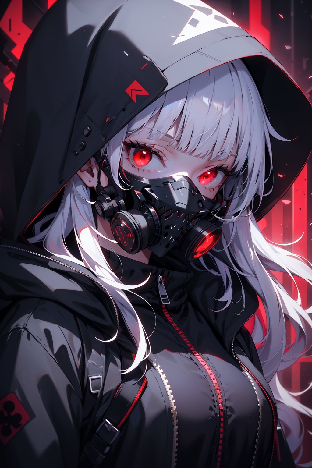 1girl, solo, long hair, looking at viewer, bangs, red eyes, jacket, upper body, white hair, hood, blunt bangs, open jacket, hoodie, mask, glowing, glowing eyes, hooded jacket, hood up, zipper, mouth mask, gas mask