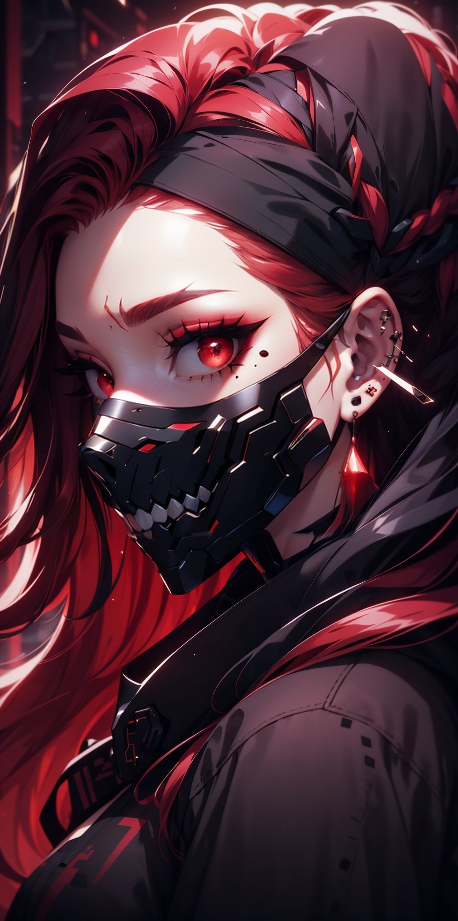 1girl, solo, looking at viewer, black hair, red eyes, upper body, braid, red hair, multicolored hair, mole, from side, two-tone hair, mole under eye, makeup, mask, scar, piercing, ear piercing, portrait, eyeshadow, hair behind ear