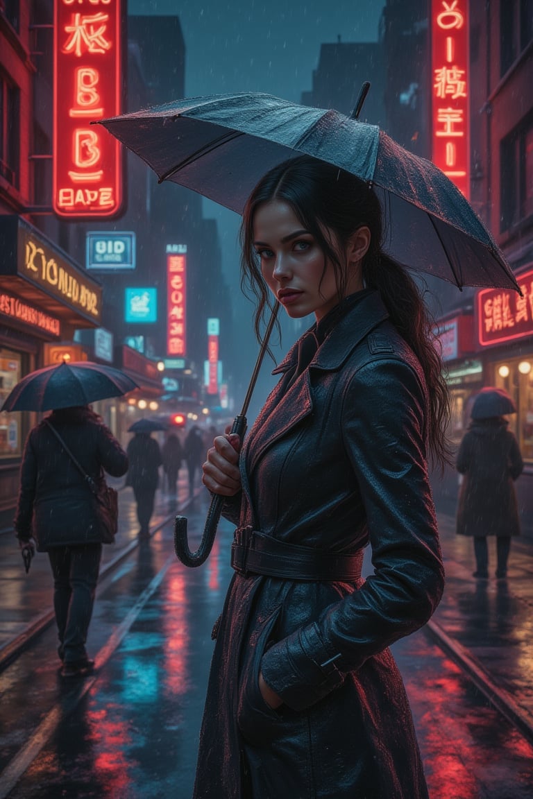 A rainy night in the city creates a moody atmosphere as a woman with sleek dark hair and striking grey eyes stands under the neon lights of a busy downtown district. She wears a fitted trench coat, holding an umbrella as the raindrops glisten on the pavement. The glow of neon signs from nearby bars, restaurants, and shops reflects off the wet streets, adding a colorful vibrancy to the scene. Pedestrians pass by, some huddling under umbrellas, while the sound of distant sirens echoes through the city streets. Mid art.