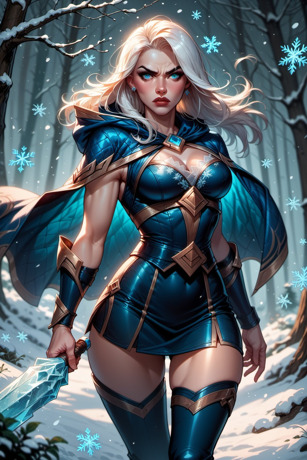 score_9, score_8_up, score_7_up, 1girl, League of Legends character, Ashe, long flowing blonde hair, Frost Archer attire, intricate ice patterns, blue and white colors, hooded cloak, sleeveless top, arm guards, thigh-high boots, holding a glowing ice bow, very poised pose, standing confidently, determined expression, looking at viewer, standing in a snowy forest background, snowflakes falling, icy atmosphere,,