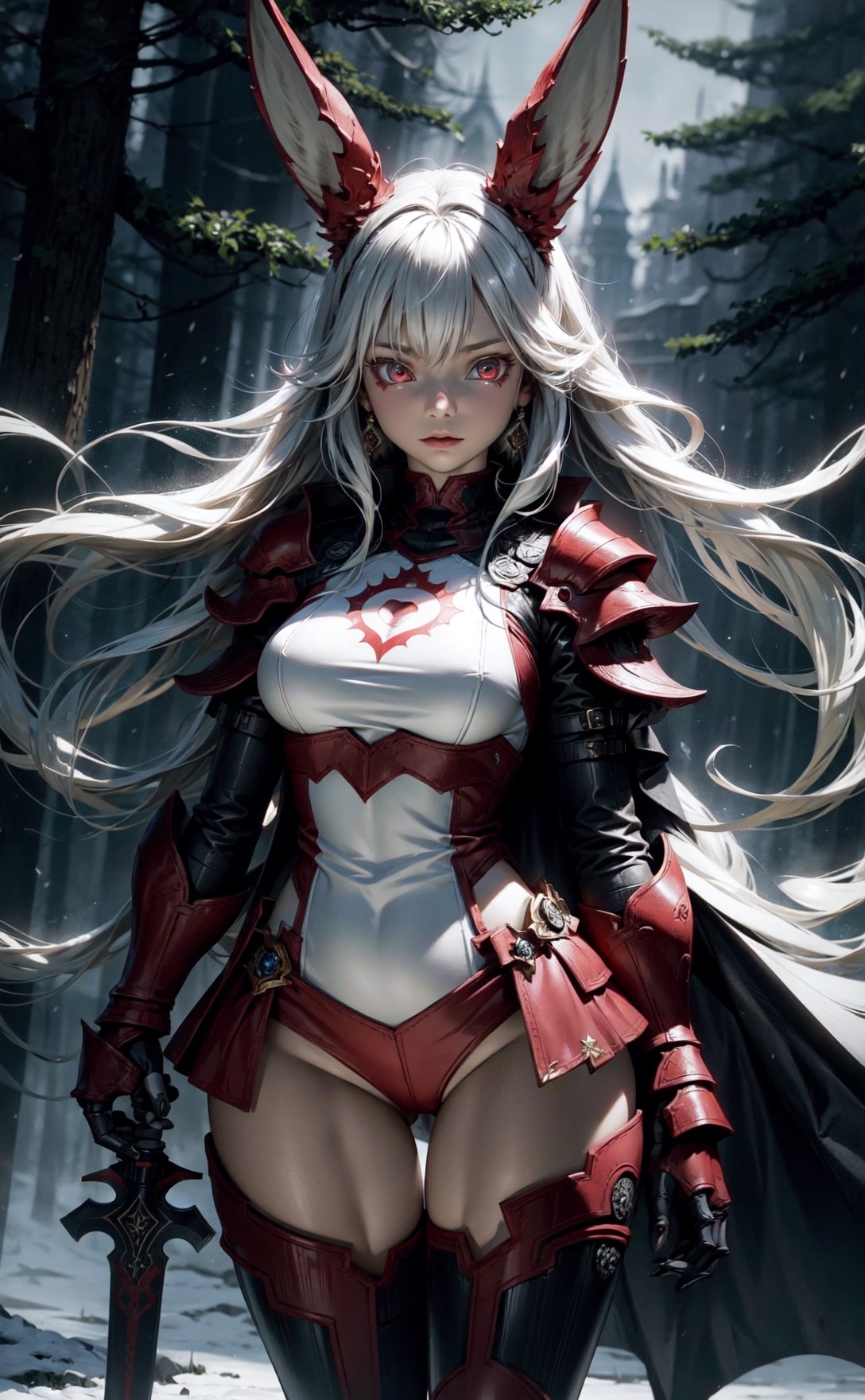 Bunny girl human hybrid, red eyes, white ears, full-body shot, fantasy concept, black armor, detailed, snowy background, forest, greatsword in hand
