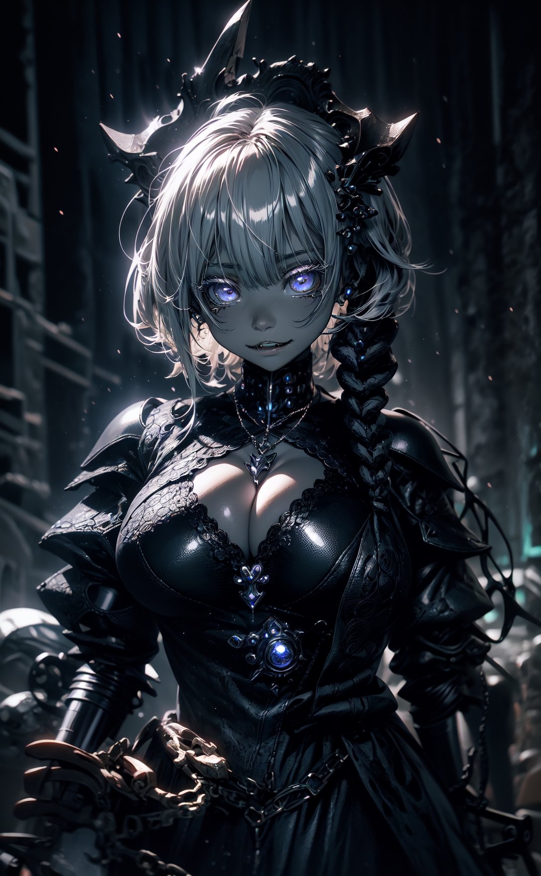 beautiful little girl, bone power armor made of joints , dark skin, ((githuc style)), (big tit), mechanical eye, ( spicy power armor little girl gothic style), mascara , best quality, sharp even fangs , teeth ,light, rain
