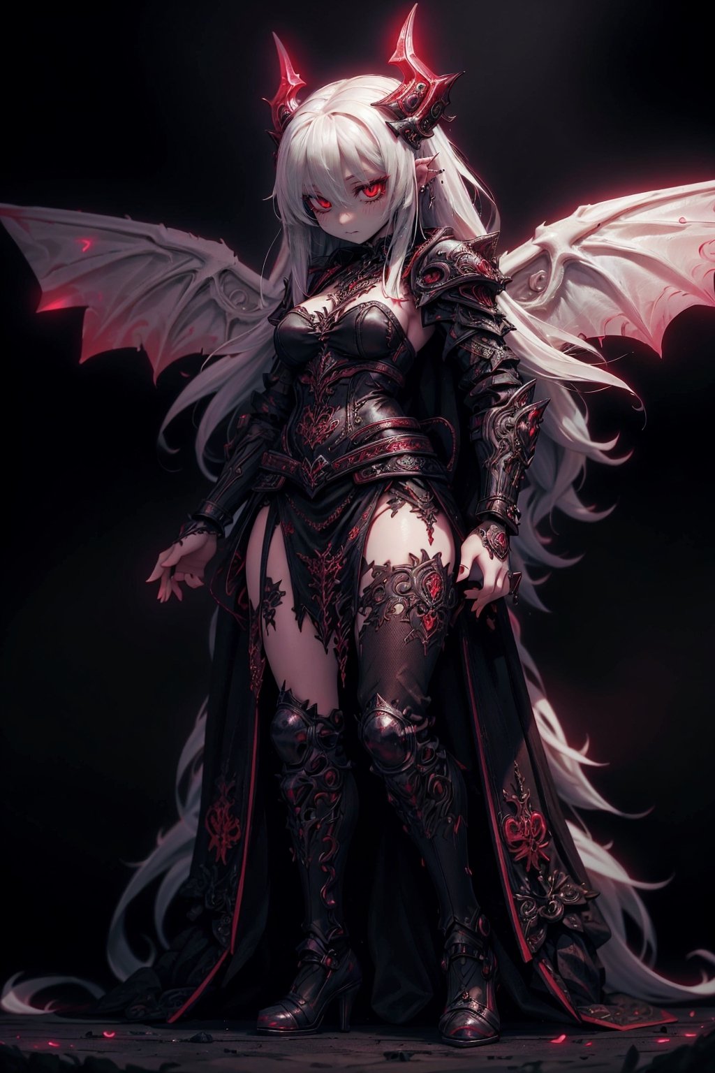 The most beautiful and sexy little demon goddess, long white hair, glowing red eyes, wearing detailed black gothic battle armor, black angel wings, tattoos and piercings, gothic castle, perfect masterpiece, high quality, high resolution