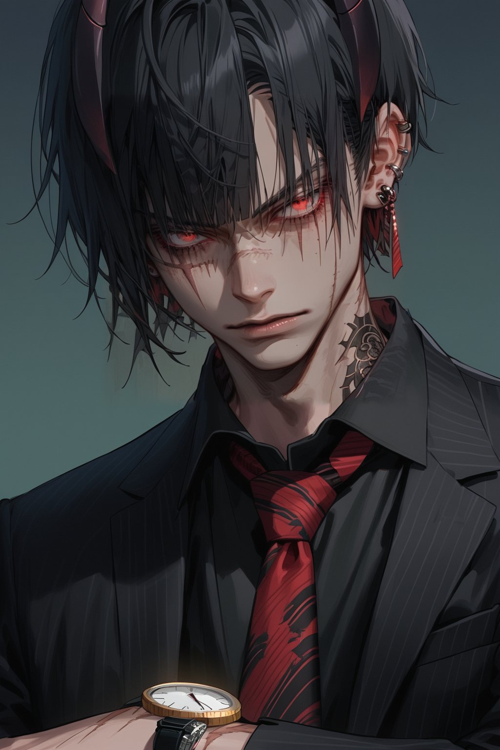 an anime style with dark green veins on the person, they are dressed like the devil, watch, 1boy, solo, horns, wristwatch, male focus, necktie, red eyes, black hair, shirt, short hair, scar, jewelry, earrings, collared shirt, formal