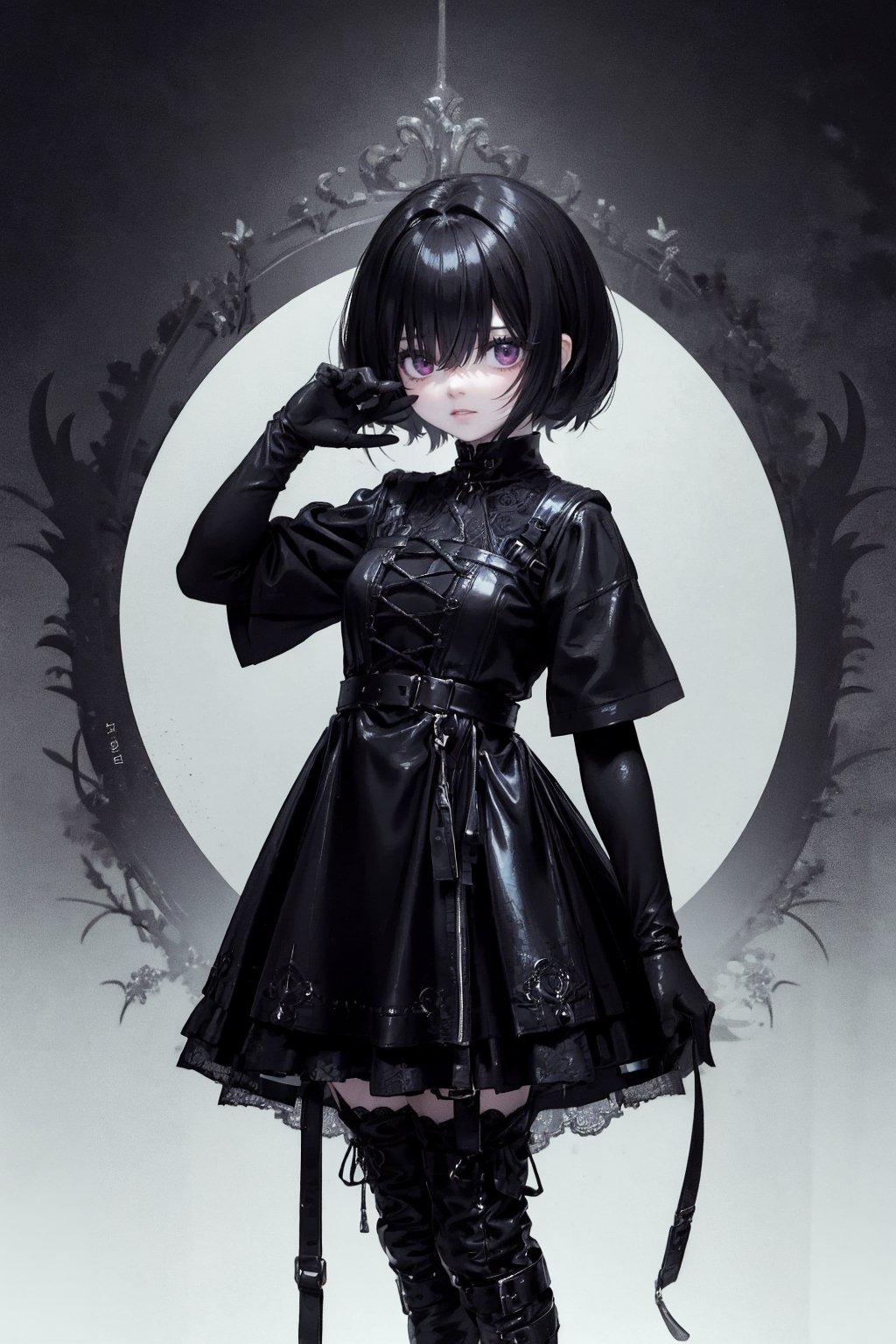 Black latex, Gothic dress in fluffy, Wearing black latex gloves, Cute Japan girl face, slender, A dark-haired, Wear lace-up boots, Sanpaku eyes
