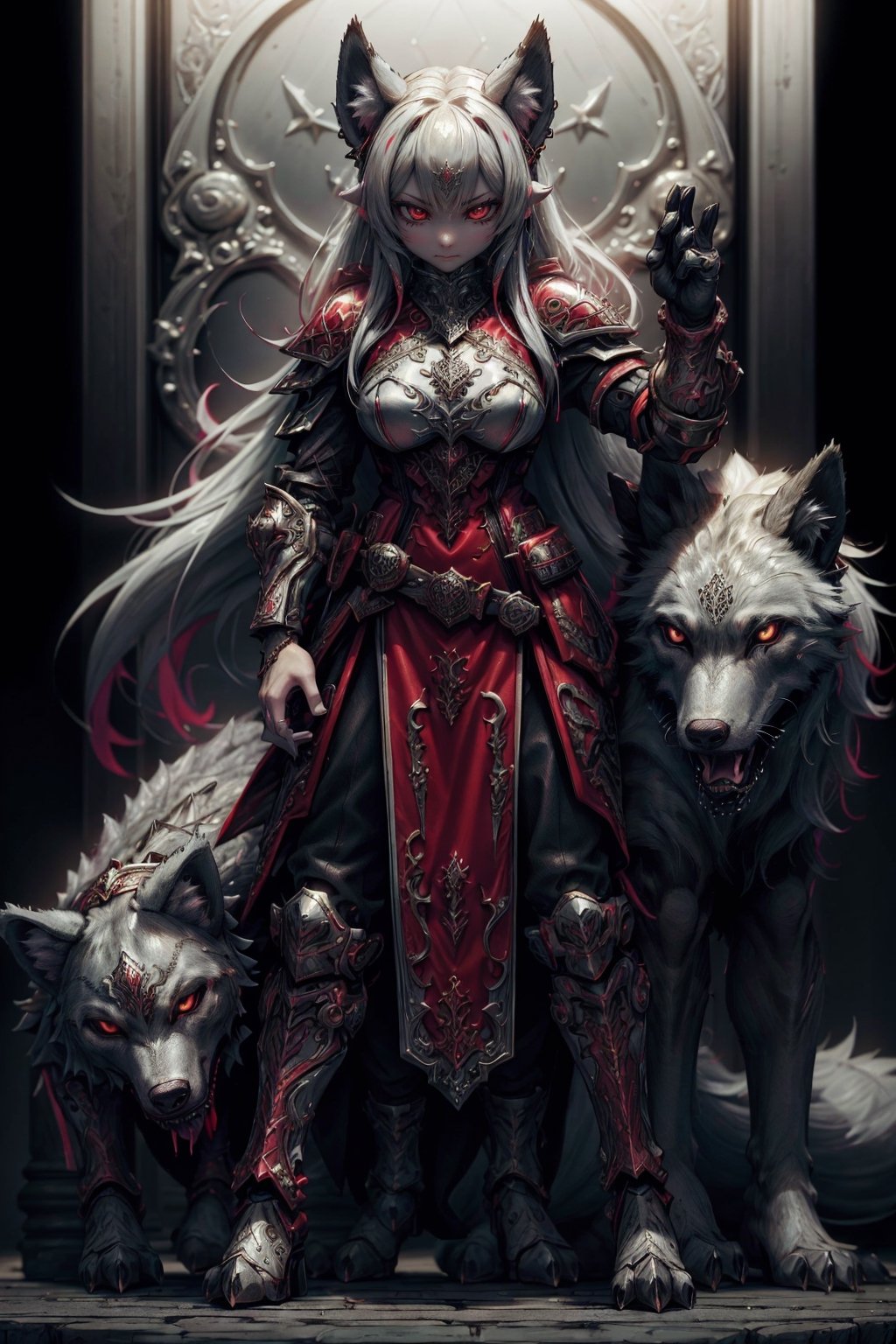 Craft an extraordinary high-resolution image masterpiece with super-realistic photorealism. Depict a fearsome female warrior adorned in a magical fantasy-style glass-like fantasy world wolf design red and black full-body knight armor suit. Integrate fantasy elements such as a wolf design, ,F41Arm0rXL

,doll