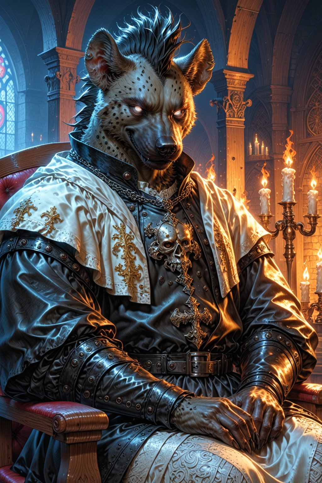 ASCIIGnoll, black and white fur, black Mohawk, hyena, anthro, tall, furry, muscular, broad shoulders, bulky, buff, medieval, tunic, sitting down, sitting in chair, devious smile, mature, ((black leather tunic)) ((white clothing accents)), puffy sleeves, leather belt, fantasy clothing, fantasy setting, in medieval inn, detailed face, indoors, candlelit, detailed background, medieval setting, DND, (white eyes with black sclera), detailed eyes, closed mouth, evil, formal, hires, photorealistic, realistic lighting, dark, at night, glowing fire, firelight, orange and yellow hues, warm tone,











