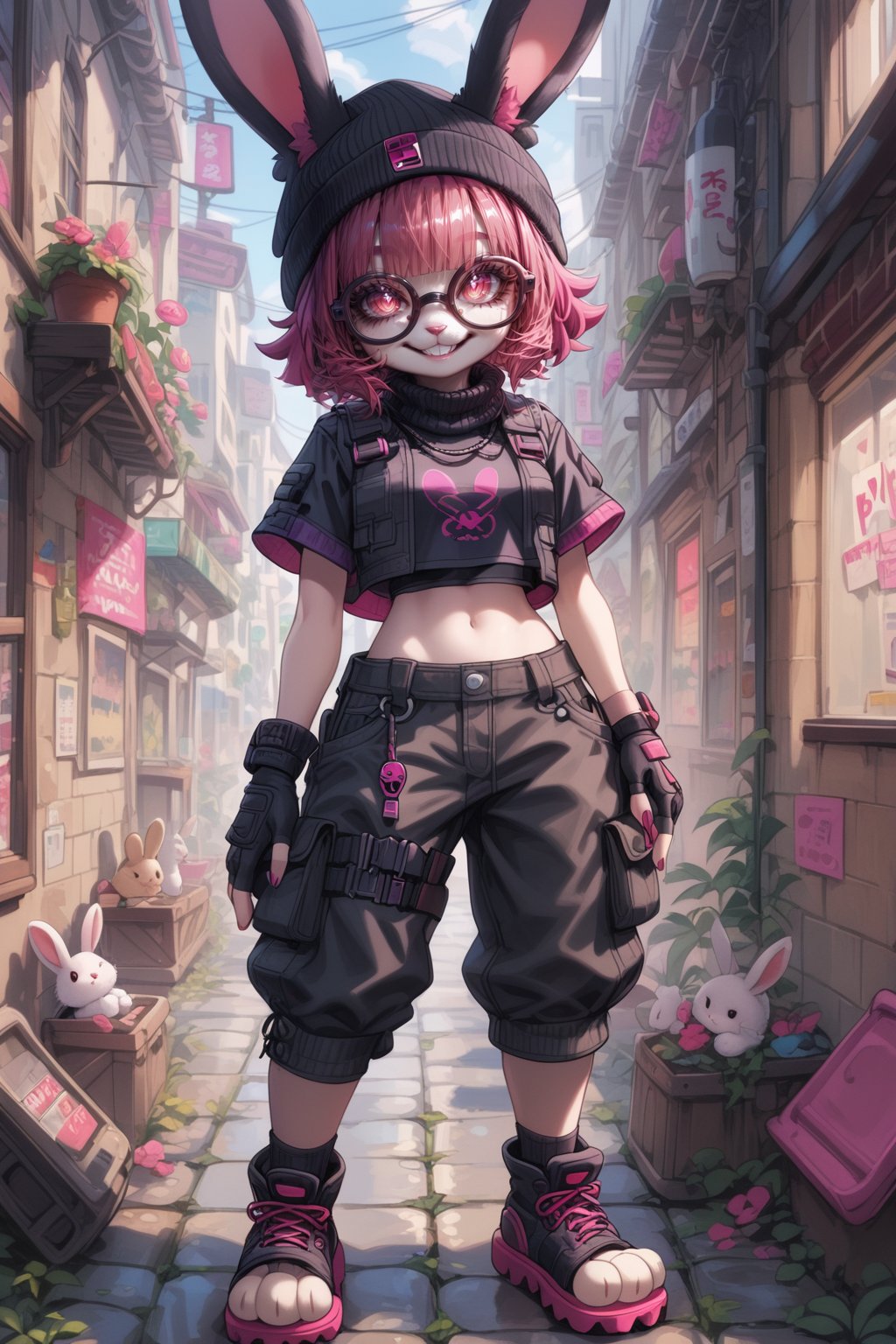 Furry girl, rabbit, solo, looking at viewer, short hair, rabbit ears, :3, smile, animal ears, beanie, pink eyes, bright pupils, magenta hair, red eyes, bangs, feets with three toes, 3 toes, ((black headwear, glasses, hat, under-rim eyewear, semi-rimless eyewear, topwear, midriff, short cargo pants, toeless footwear, fingerless gloves))


