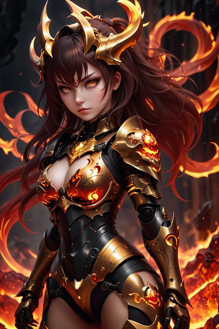 (infernal darkness beautiful girl), ((infernal darkness)), ((gold power armor)), blood, (black magma)
