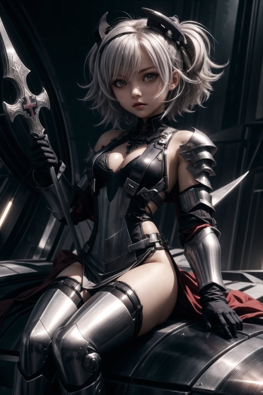 1 little girl, dark skin tone, petite, ((big chest)), ((futuristic armor platinum)), black eyes, Evil Aura, Cursed Armor, cursed girl, Scary face,Marionette,1girl little prinz eugen \(azur lane\) streaked hair short hair,bare shoulders iron cross black dress white skirt