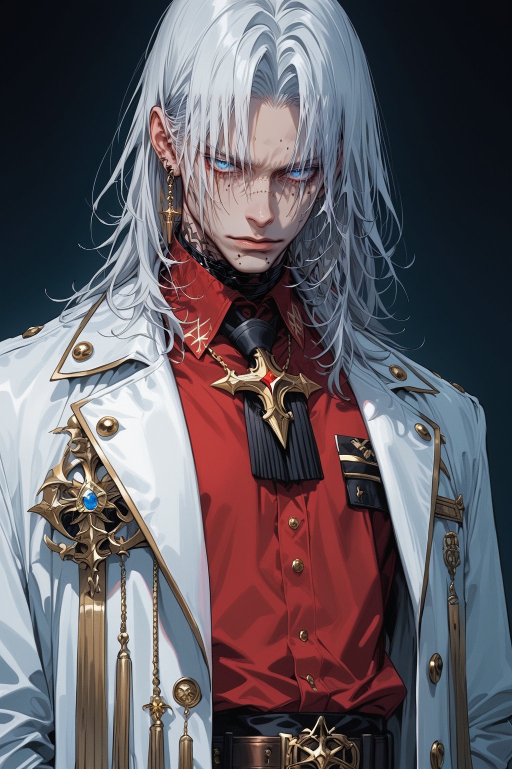 An animated portrait of a man in a white coat with gold trim and a gold crown on his head. The man has white hair and blue eyes. His coat is adorned with a gold belt, a red shirt, and a brown belt with a blue stone in the center. The background is dark, and there is a red curtain on either side of the man.,sinozick style, dark theme,flat color