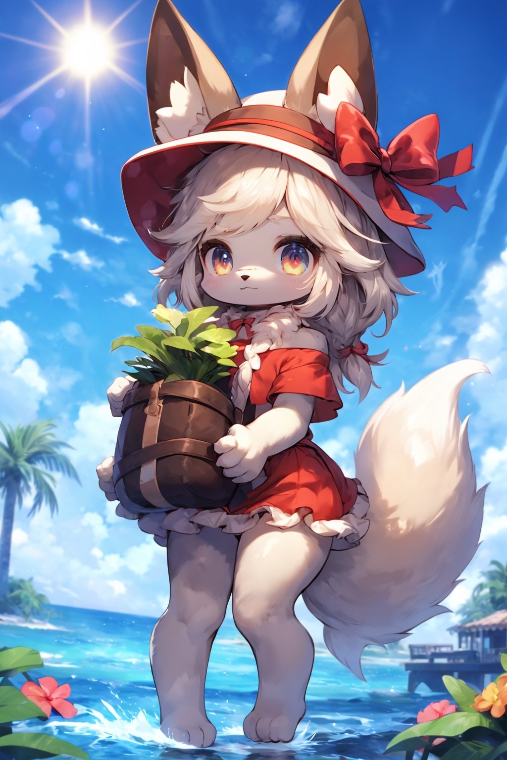 1girl, furry female, furry, dress, solo, watercraft, boat, animal ears, braid, tail, outdoors, red dress, cloud, hat, body fur, sky, long hair, smile, day, fox tail, barefoot, tree, fox girl, water, looking at viewer, ocean, fox ears, short sleeves, standing, palm tree, skirt hold, black hair, full body, animal nose, closed mouth, blue sky, white fur, frills, frilled dress, orange fur, red eyes, white headwear, single braid, bow, sun hat, ribbon,
,furry,(covering crotch),rami