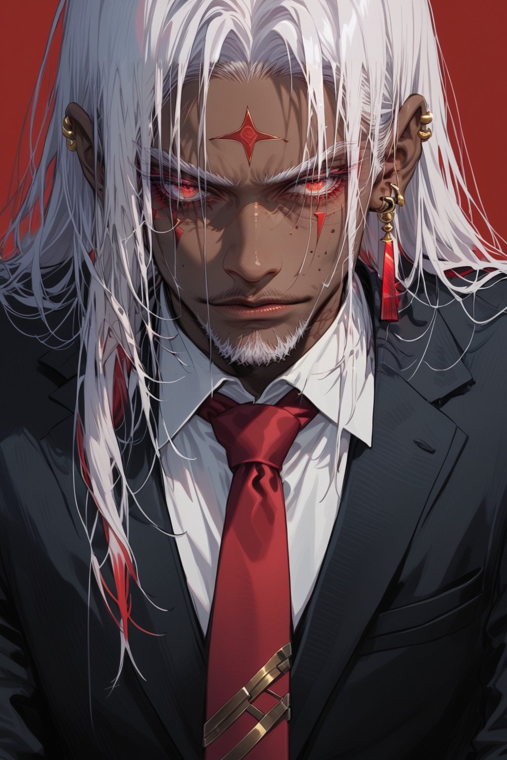 a man with red hair and a white beard and red tie stares towards the viewer, 1boy, ring, male focus, solo, long hair, jewelry, dark-skinned male, necktie, dark skin, white hair, looking at viewer