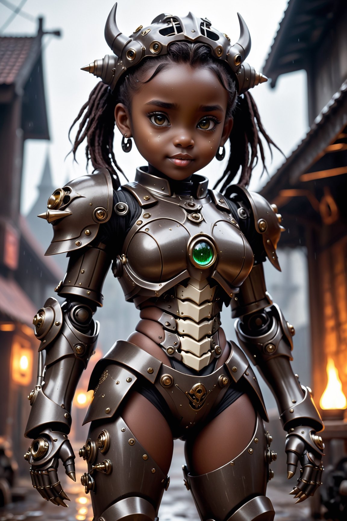 beautiful little girl, bone power armor made of joints , dark skin, ((githuc style)), (big tit), mechanical eye, ( spicy power armor little girl gothic style), mascara , best quality, sharp even fangs , teeth ,light, rain
