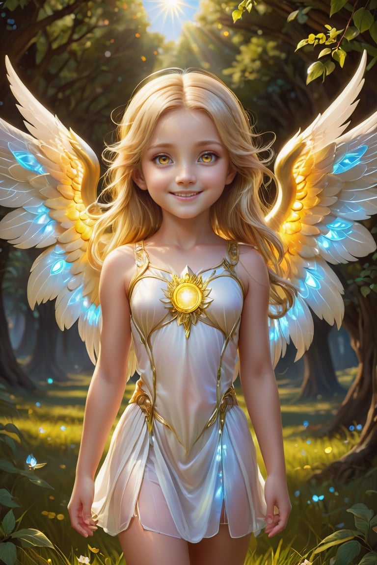 tachi-e, game cg, Highly detailed and realistic CG, Colorful, Masterpiece, Best Quality, jewel-like eyes, 1girl, solo, Blonde hair, shiny hair, long straight hair, (Sharp Focus:1.2), Thin arms, Thin legs, Angel, angel wings, white wings, cute girl, , , short body, , 7 years old, armpit, white clothes, yellow halo, summer, outdoors, grassland, active, smile, smug, open mouth, bare foot, dark skin, standing, ,blad4
