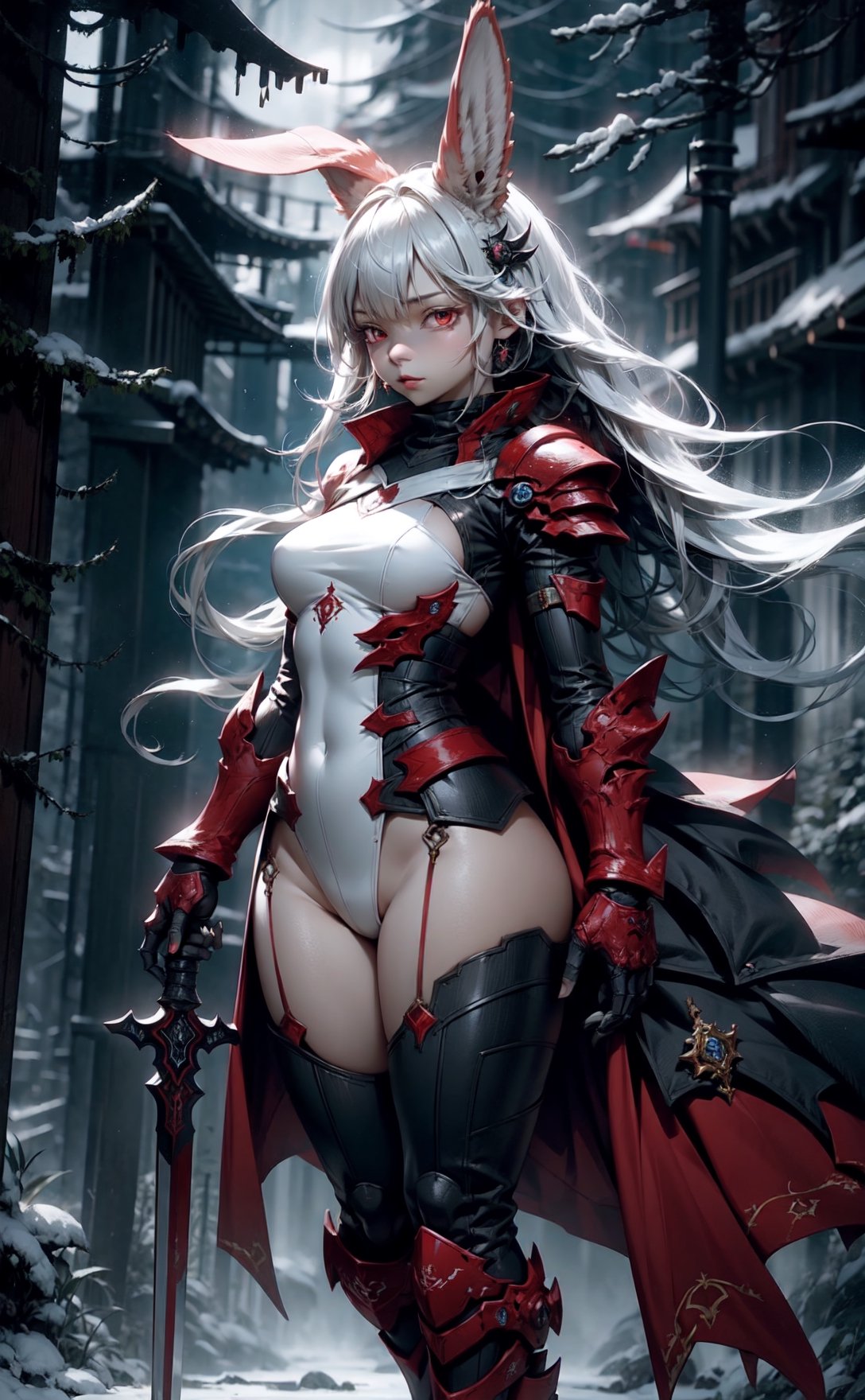 Bunny girl human hybrid, red eyes, white ears, full-body shot, fantasy concept, black armor, detailed, snowy background, forest, greatsword in hand
