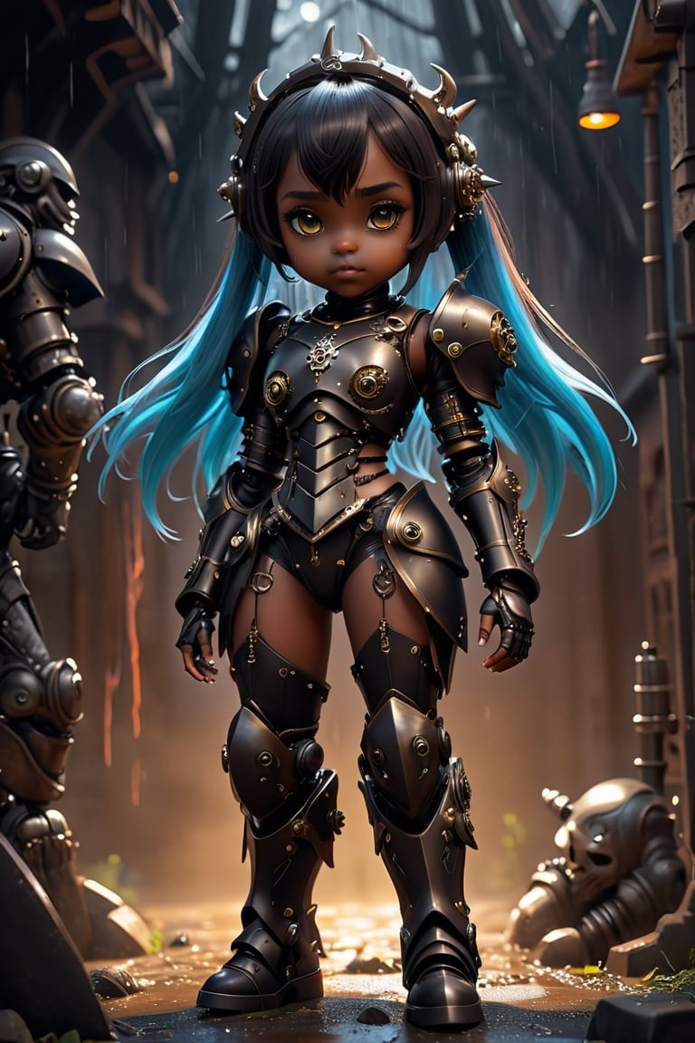 beautiful little girl, bone power armor made of joints , dark skin, ((githuc style)), (big tit), mechanical eye, ( spicy power armor little girl gothic style), mascara , best quality, sharp even fangs , teeth ,light, rain
