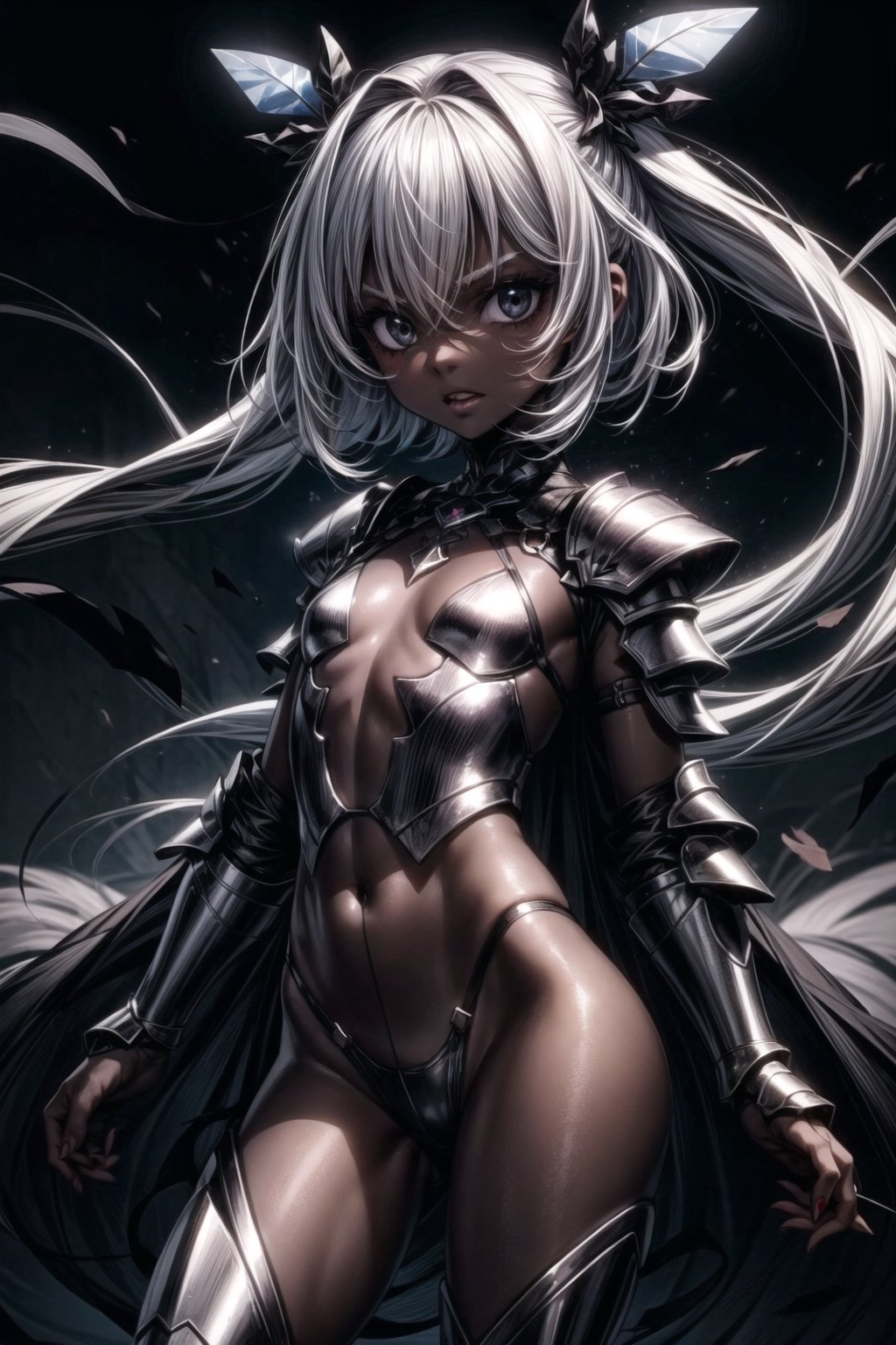 1 little girl, dark skin tone, petite, small chest, futuristic armor platinum, black eyes, Evil Aura, Cursed Armor, cursed girl, Scary face,Marionette