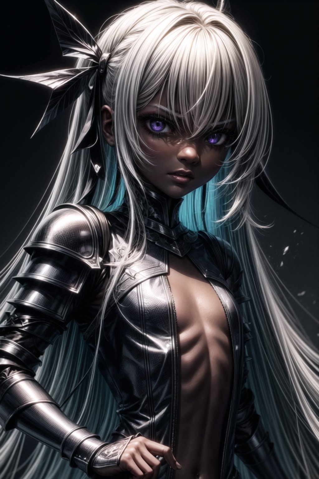 1 girl, dark skin tone, petite, small chest, futuristic armor platinum, black eyes, Evil Aura, Cursed Armor, cursed girl, Scary face,Marionette