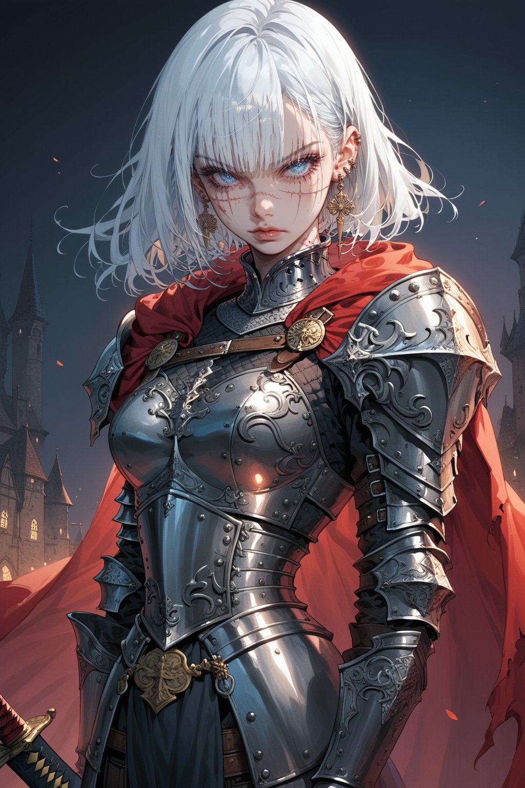 albion by kyle mcewan illustration concept art medieval, kingdom, fantasy, war, art, character, 1girl, armor, solo, weapon, jewelry, red cape, scar, shoulder armor, looking at viewer, earrings, white hair, cape, blue eyes, scar on face, sword, breastplate,sinozick style,flat color, dark theme