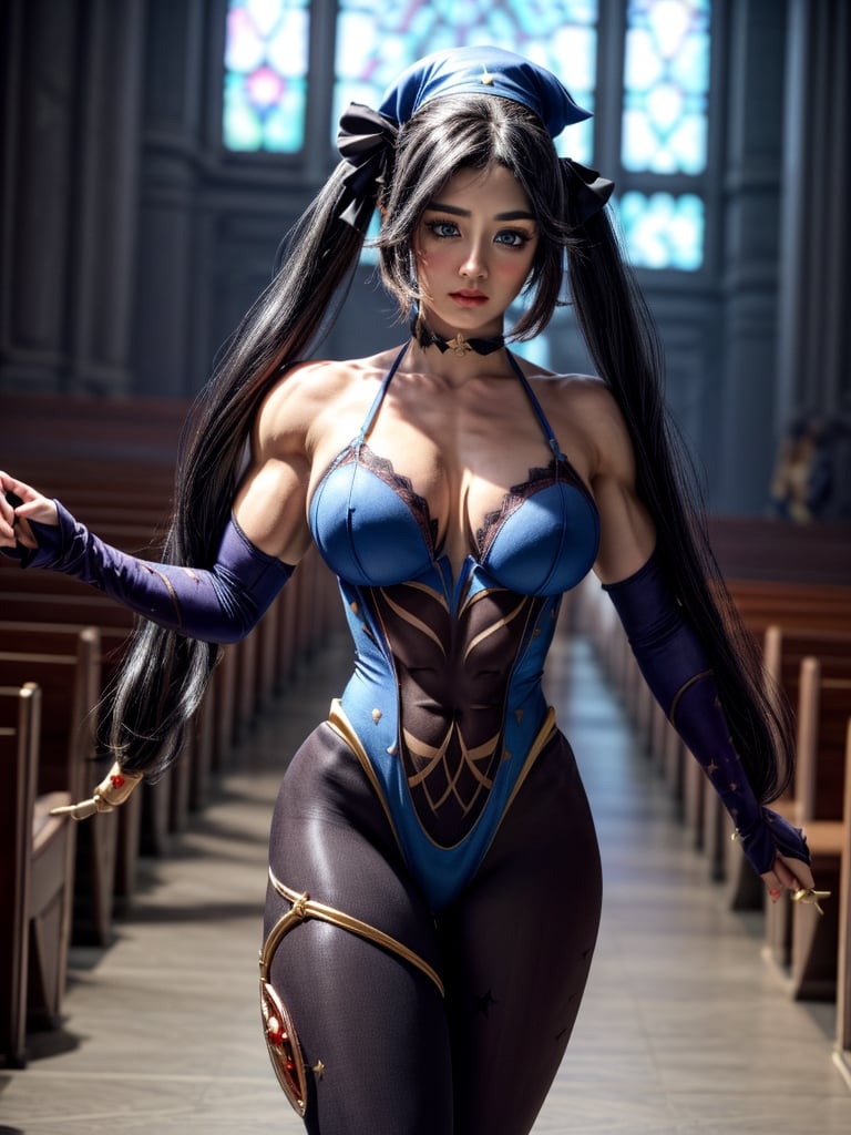 (masterpiece:1.2, best quality, absurdres, realistic), 1girl, ((huge breasts)), tiny breast curtain, muscular nun, extremely muscular, huge muscles, bulging muscles, highly detailed muscles, perfect face, (big bright blue eyes wide open), lace choker, church, alternate hairstyle, medium blonde hair, blush, shy expression, detailed background, intricate, volumetric lighting, curvy, sexy, revealing attire, tight clothes, dark theme, Sexy Muscular,monadef