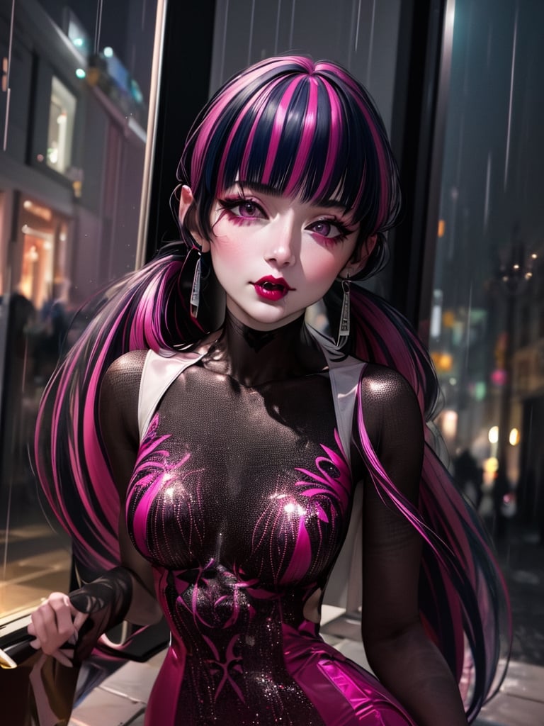 (masterpiece, , vibrant colors, super high realism, hyperealistic, high quality, 64k, uhd, extremely detailed, extremely intricate, professional) dark, lightning, rain, heavy rain, drops of water in window, bright lightning heart shaped, face tatoo, pink heart, Draculaura, 1girl, pink hair, multicolored hair, black hair,  pink eyes, prom queen, prom dress,draculaura_mh draculaura