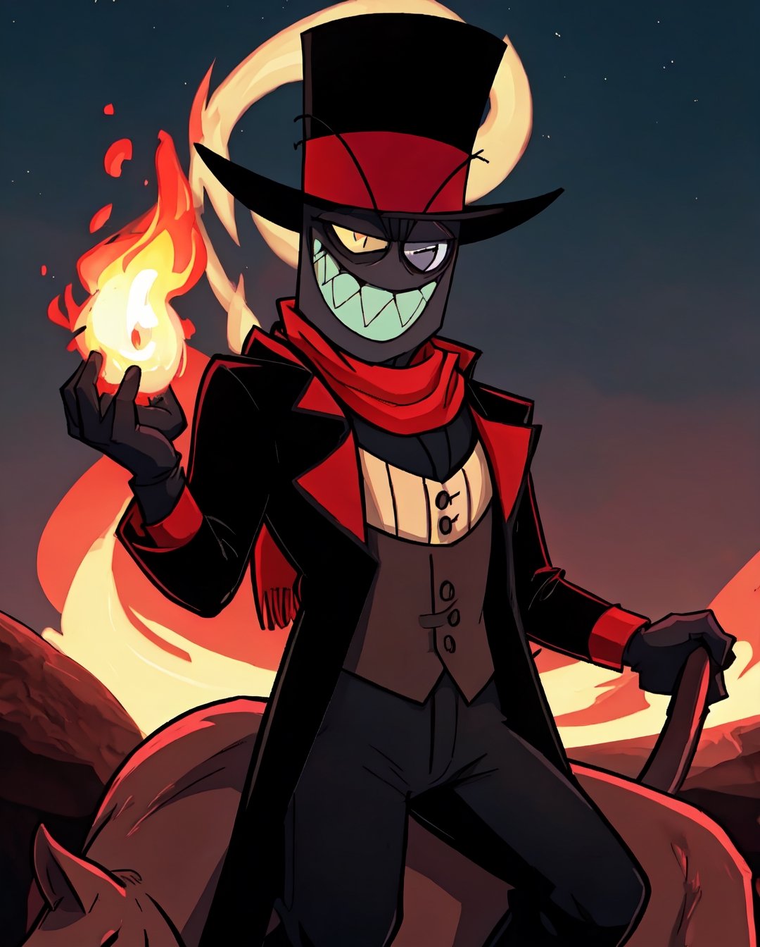 1 man, smiling, sharp teeth, discolored skin, charro suit, with a red scarf around his neck, black pants, black charro hat, monocle in his left eye, ((riding a half-dead horse with fire coming out of its tail ,legs and head,4k,hd,high definition,artwork,night background in the desert,red moonlight,ultra detailed