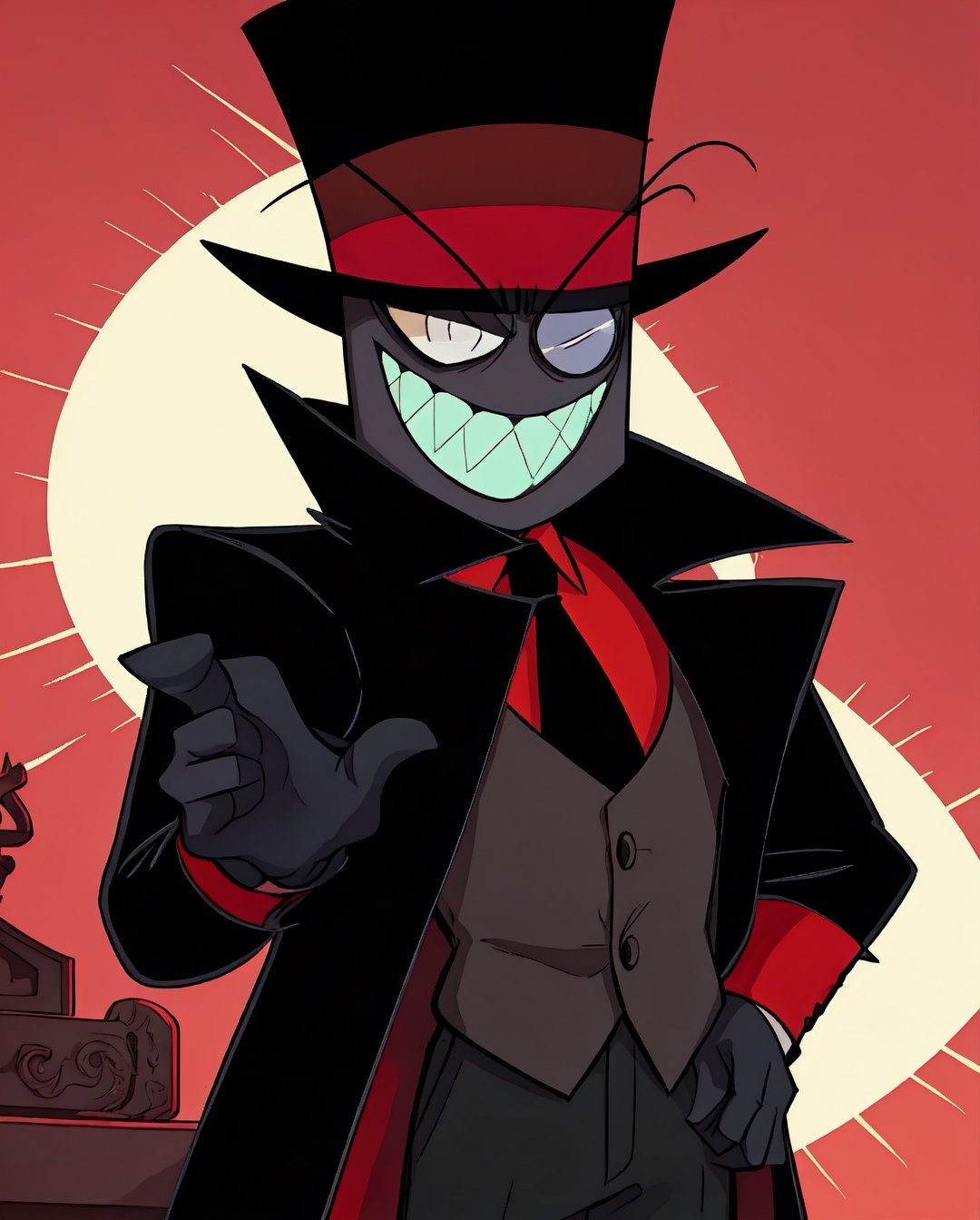 1 man, smiling, sharp teeth, top hat, discolored skin, monocle in his left eye, red long sleeve shirt, black tie, black cane in his right hand, looking at viewer, 4k quality, work of art, red mansion background ,ultra detailed
