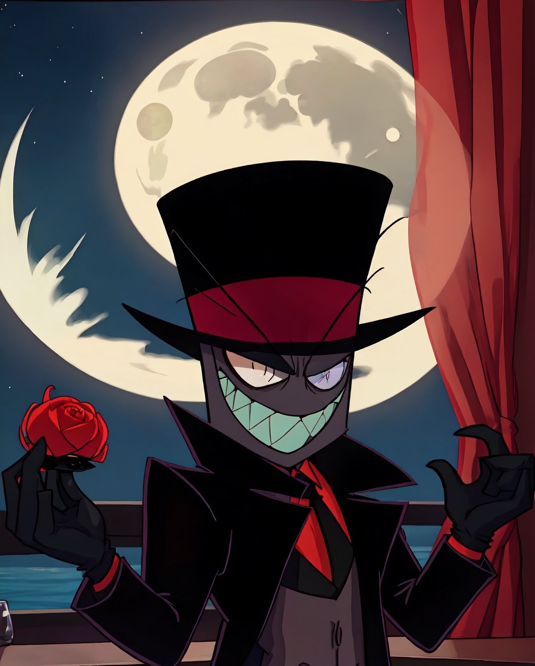 1 man, smiling, sharp teeth, top hat, discolored skin, monocle in left eye, red long-sleeved shirt, black tie, black cane in right hand, looking at viewer, 4k quality, artwork, moon background red reflected in the window, ultra detailed