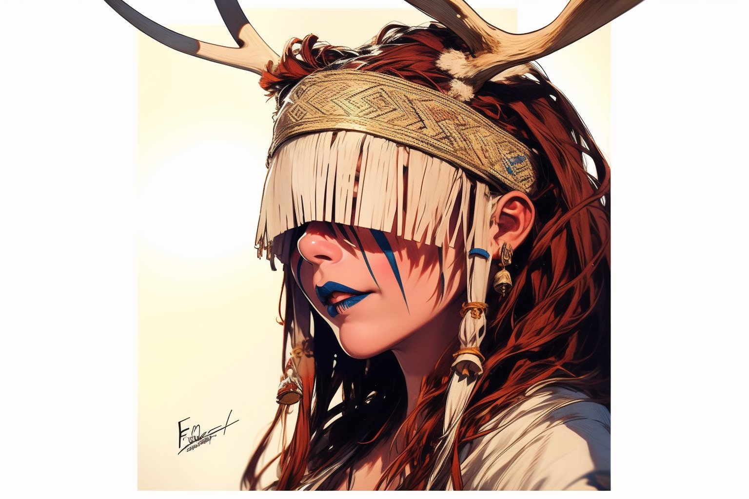 1girl, Maria Franz, tribal make up, horn, portrait, ((eyes covered)), solo, looking at the camera,portrait, illustration, fcloseup